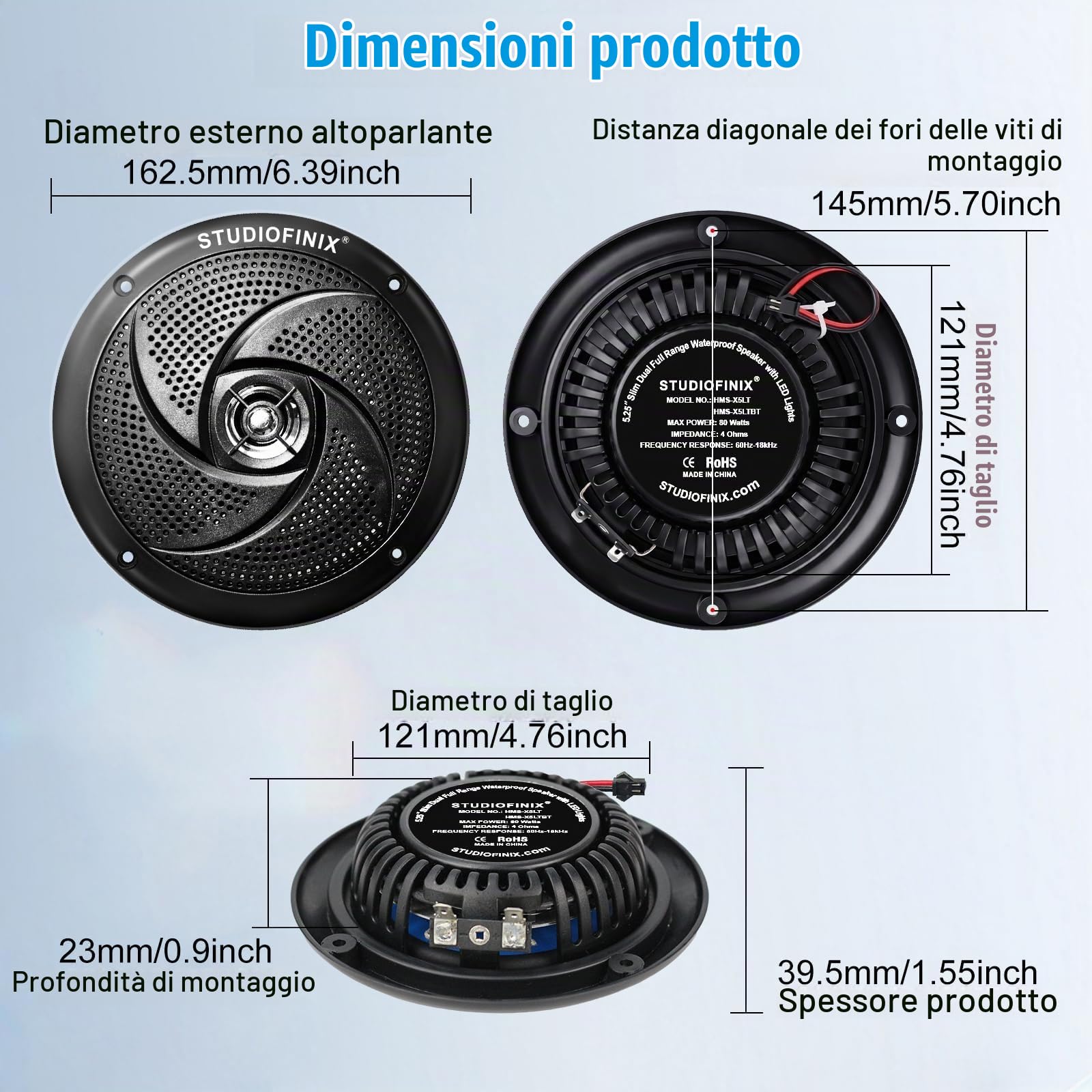 STUDIOFINIX 5,25" 160W Altoparlanti marini Bluetooth impermeabili, a 2 vie con luci LED e design sottile, per barca, camper, ATV, UTV, carrello da golf (1 coppia, Nero)