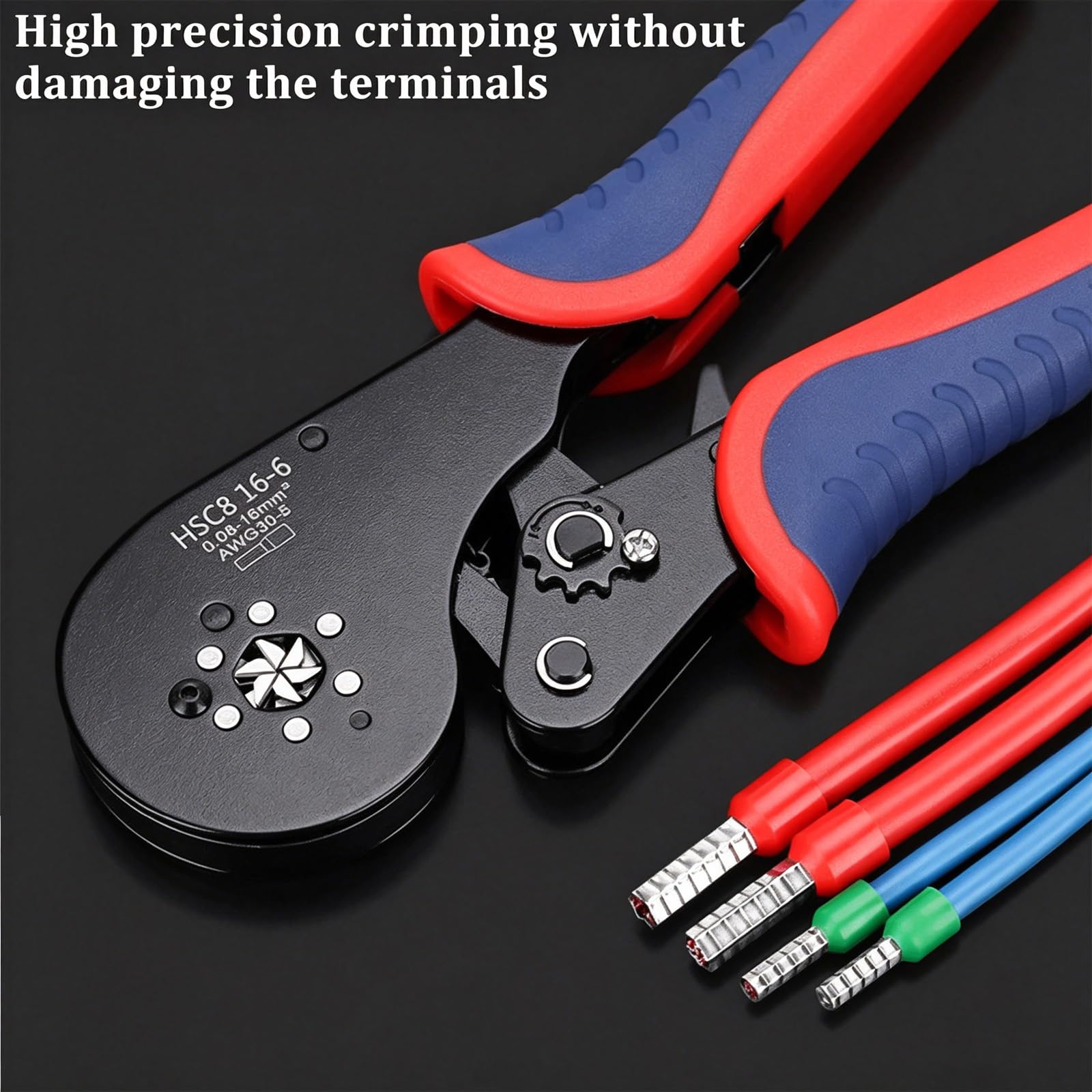 ZONJIE Alicates de crimpado 0,08-16 mm² 30-5 AWG herramienta para terminales de alambre aislados trinquete mandíbulas cuadriláteras