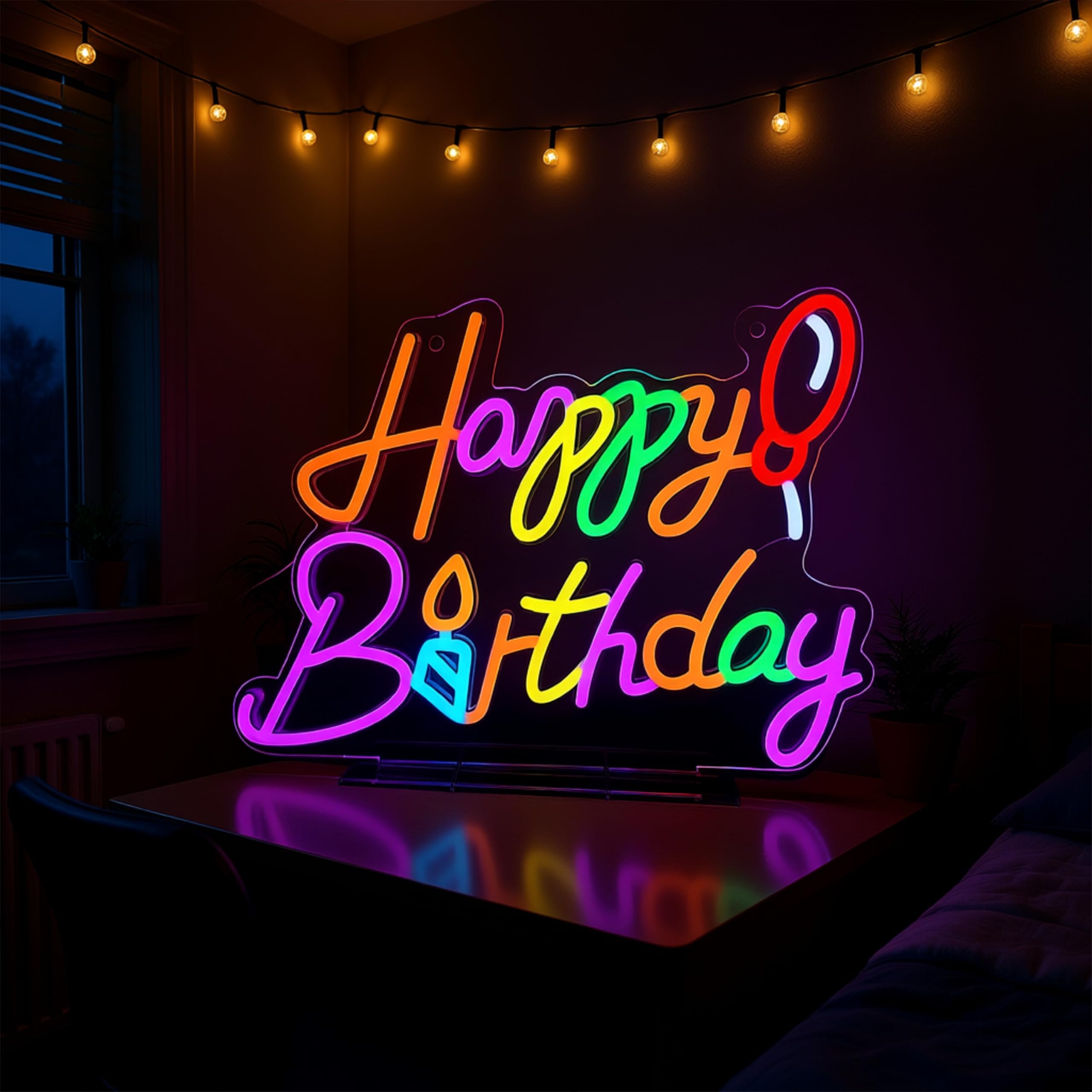 'Happy Birthday' neonowy znak LED z balonem i świecą, wielokolorowy, dekoracja na imprezę, do fotobudki i wydarzeń, zasilany przez USB, znak na prezent urodzinowy, 40 x 20 cm