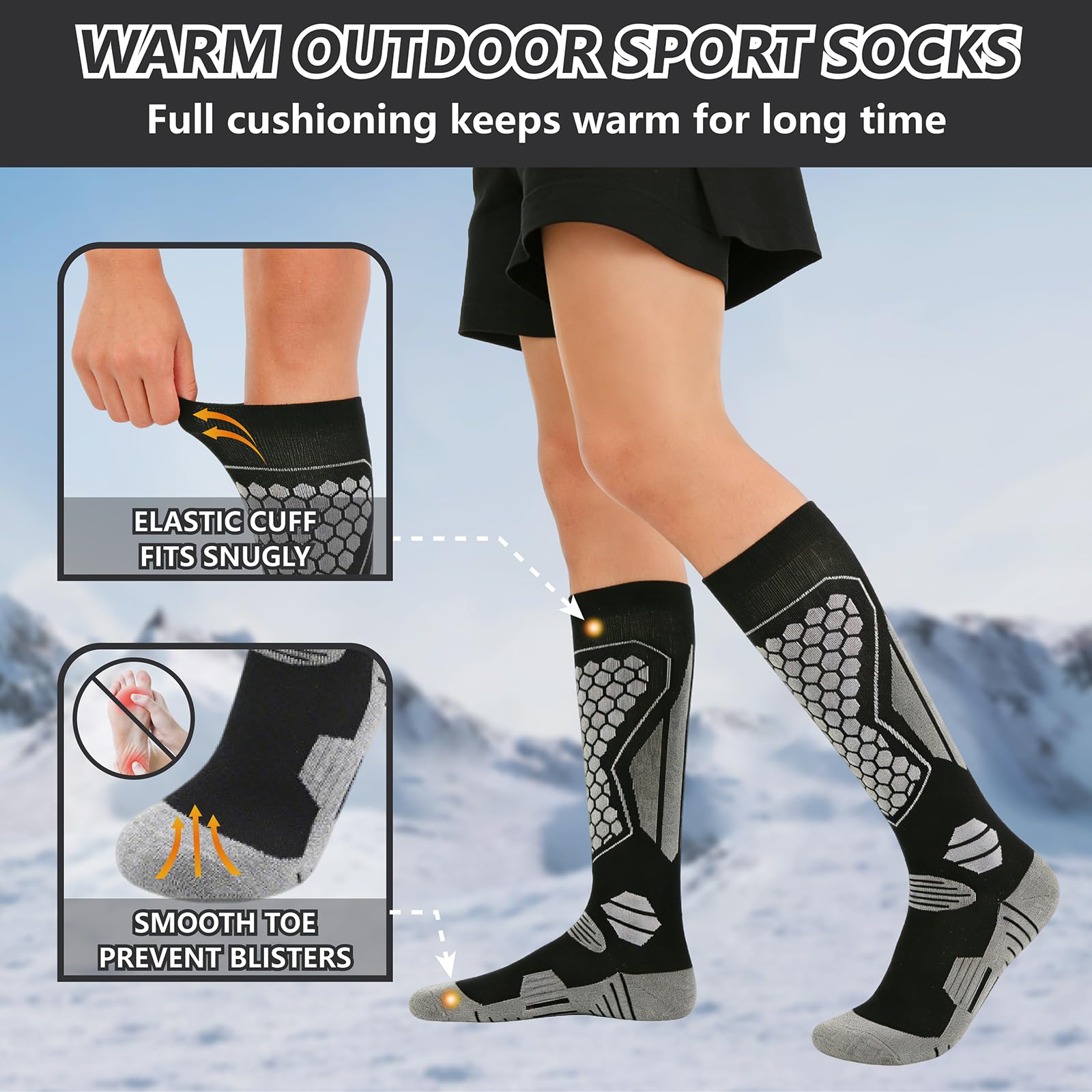 2 Paar Skisocken Damen, Ski Socken zum Skifahren Atmungsaktive Schnelltrocknende, Skistrümpfe mit Polsterung