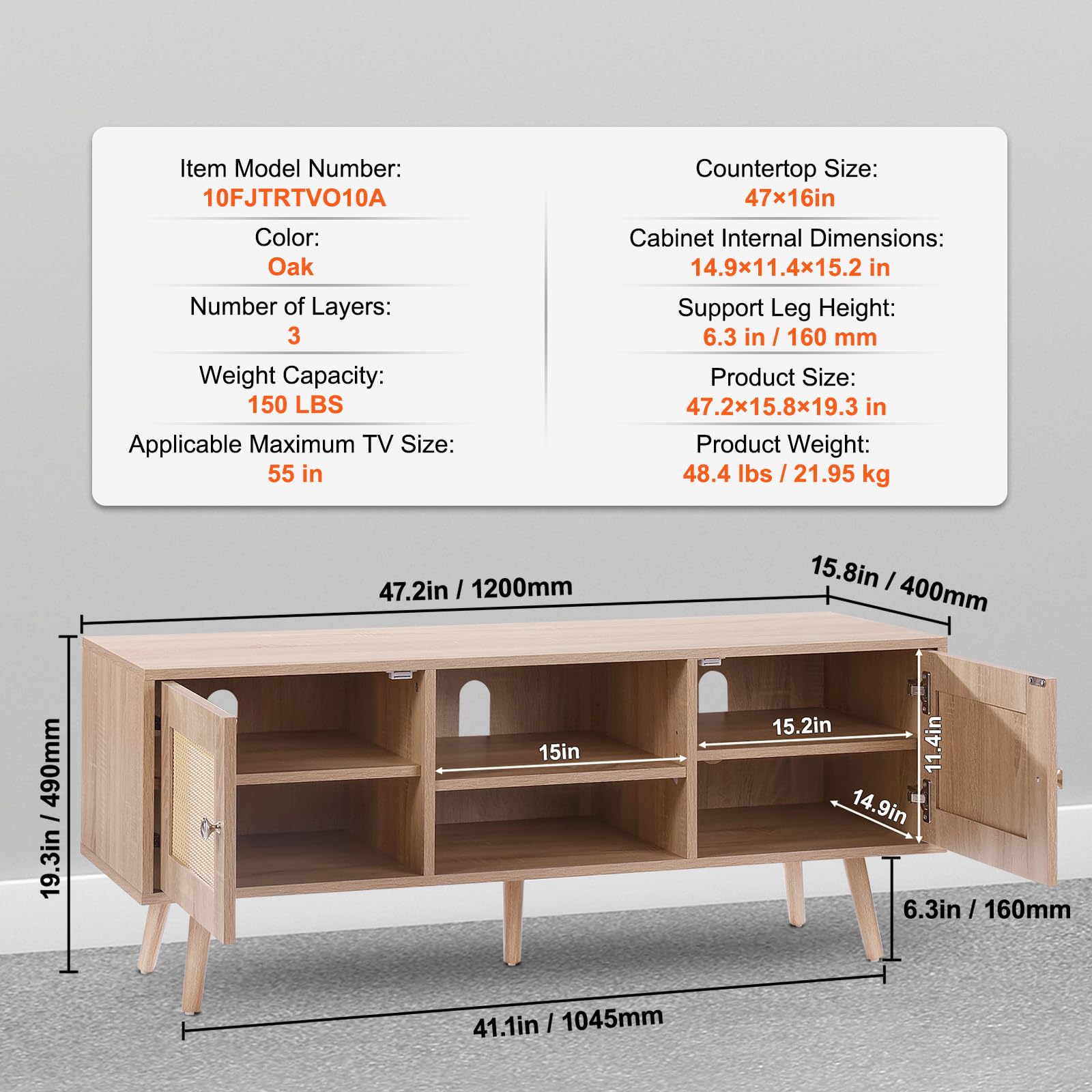 VEVOR Rattan-TV-Ständer, Fernsehschrank Boho-TV-Schrank für 140 cm Fernseher, Retro-TV-Ständer, Rattan-TV-Konsole mit verstellbaren Regalen & 2 Türen, für Wohnzimmer, Medienraum, Eiche