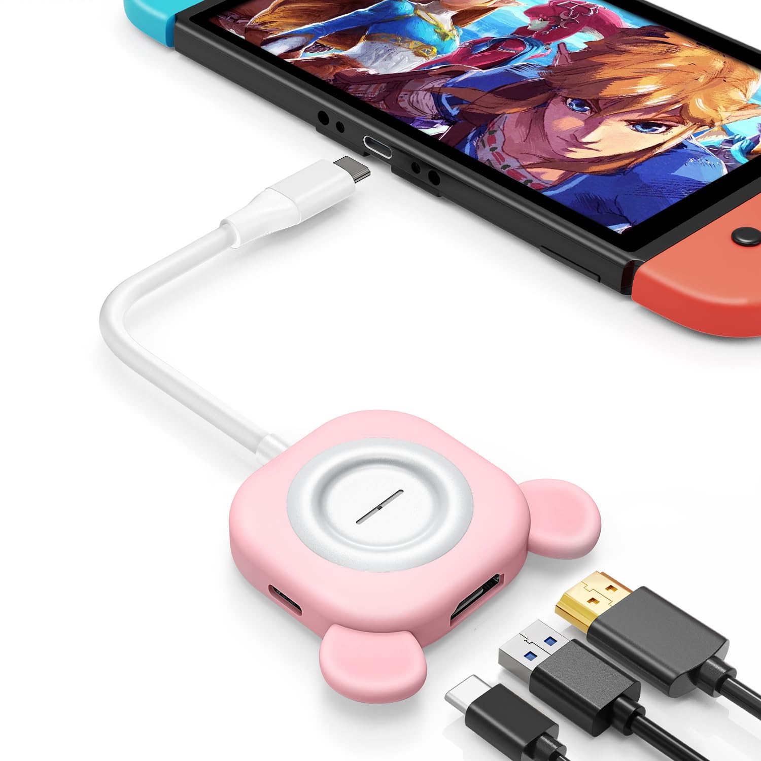 Tendak Adaptador USB C HDMI para Switch, Lindo 3 en 1 USB C Hub con Puerto de Carga PD, USB 3.0, Tipo C a HDMI Convertidor 4K TV Adaptador para Nintendo Switch/Switch OLED, MacBook Pro (Rosa)