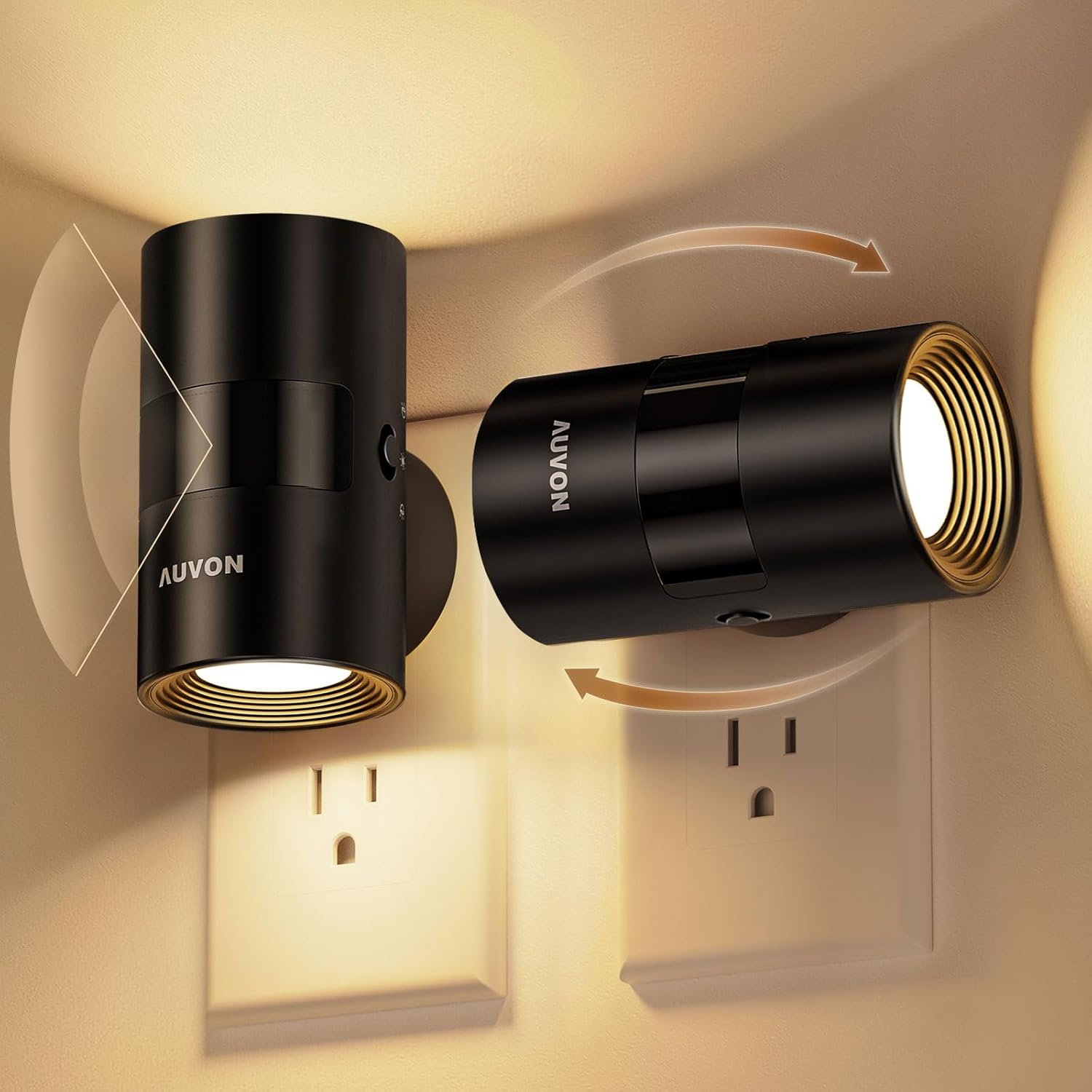 AUVON LED Night Light Plug in, Modern Motion Sensor Night Light with 90° Rotatable Design & Dusk to Dawn Sensor, Dimmable Night Lights 1-100LM Warm White 2700K for Bedroom, Hallway, Stairway, 2 Packs