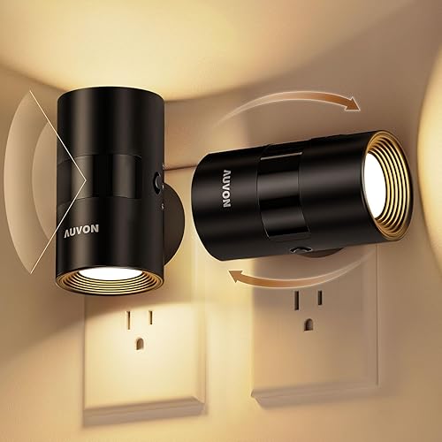 AUVON Luz nocturna LED enchufable, luz nocturna moderna con sensor de movimiento con diseño giratorio de 90° y sensor de atardecer a amanecer, luces