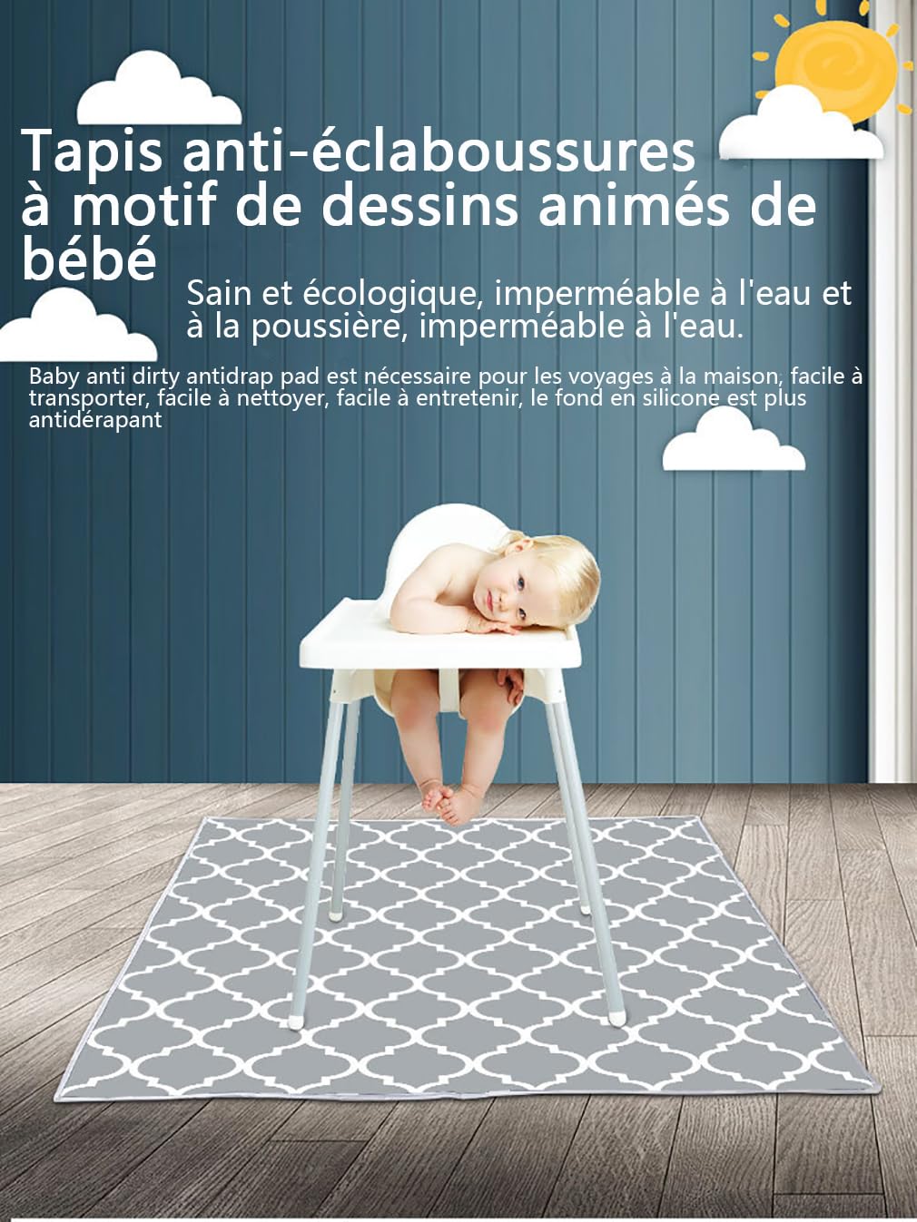 Tapis Anti-éclaboussures pour Bébé Sous Une Chaise Haute/Arts/Artisanat,Tapis de Sol Imperméable,Silicone Antidérapant,Tapis de Pique-Nique Lavables,51" Grande