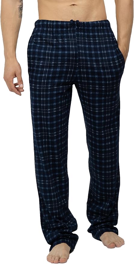 MOR Heren pyjamabroek geruit van 100% katoen, lange pyjamabroek met trekkoord, vrijetijdsbroek voor thuis en nachtkleding, maten M-5XL, donkerblauw, XXL