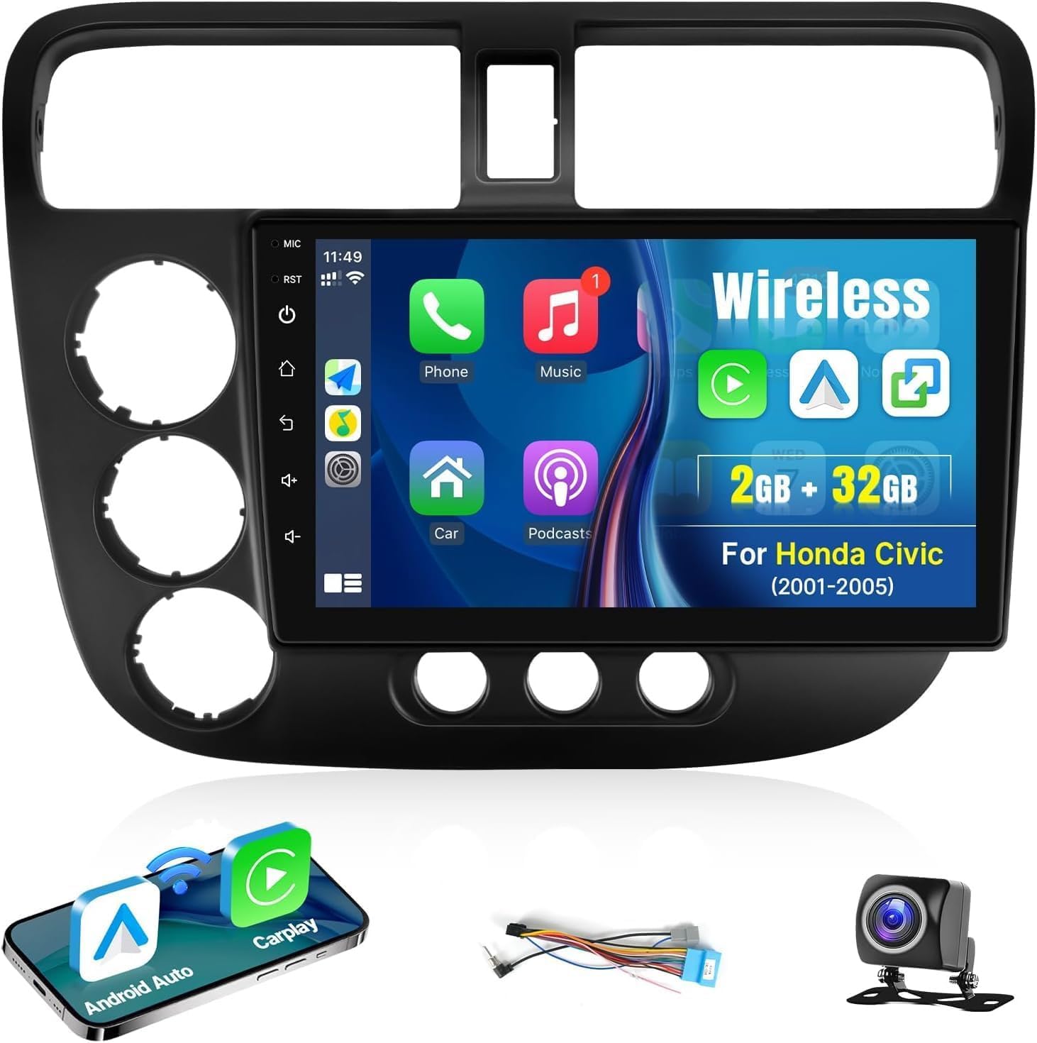 Leadfan Car Stereo for Honda Civic 2001 2002 2003 2004 2005 with Wireless CarPlay/Android Auto/MirrorLink，9" Android Touch Screen Bluetooth Radio with