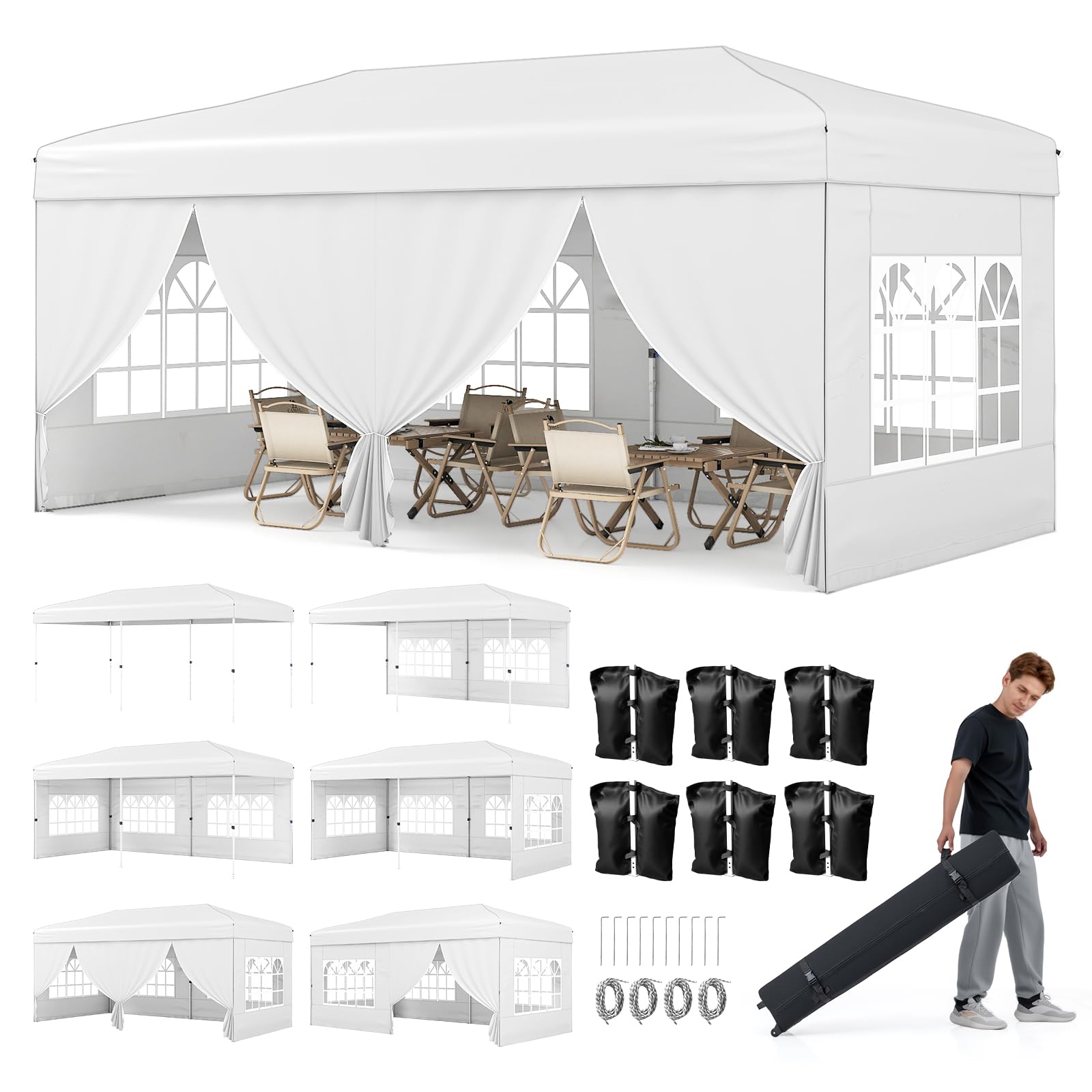 COSTWAY Carpa Plegable 3x6 m, Cenador Jardin Pop up con 6 Paneles Laterales, Marco Metálico, 3 Alturas Ajustables, Bolsa con Ruedas, Gazebo Portátil Patio Boda Fiesas (Blanco)