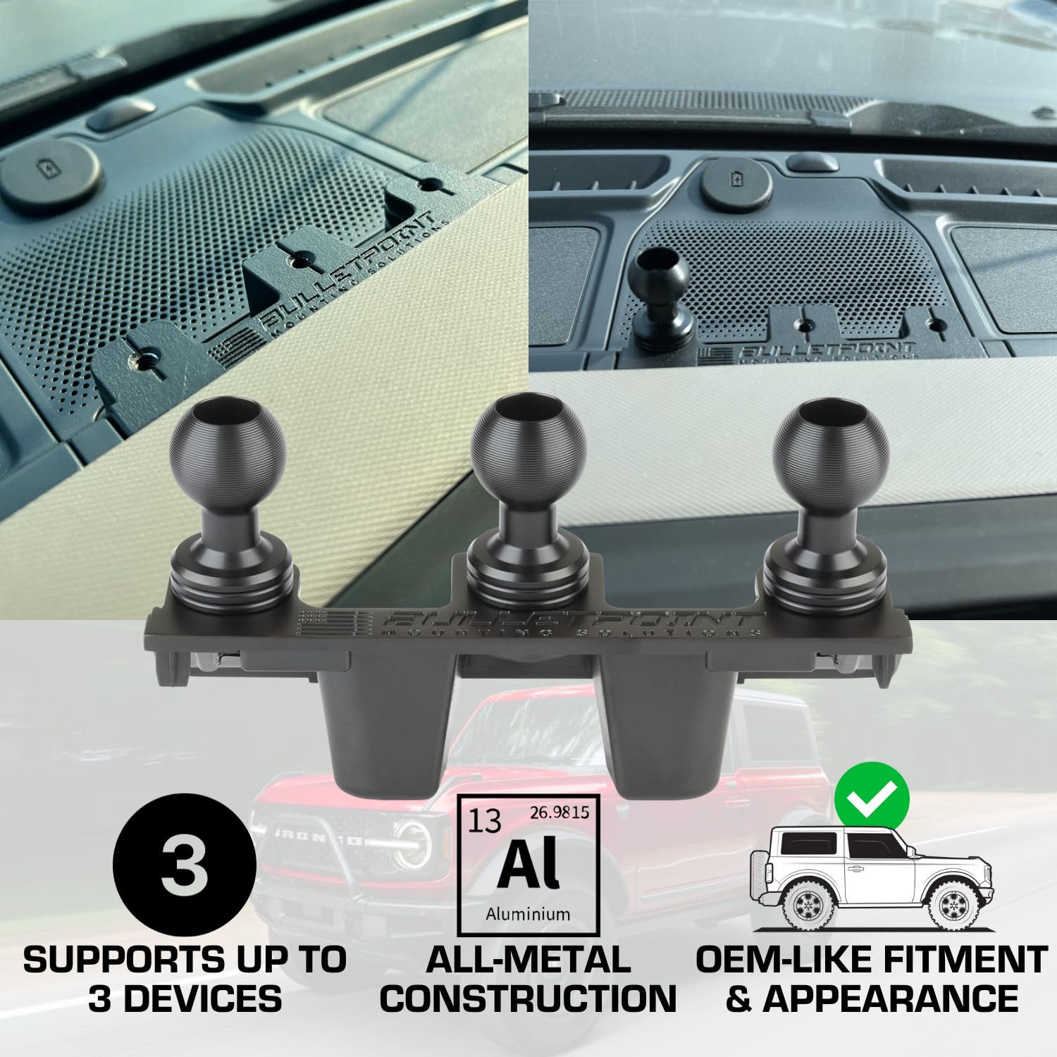 Bulletpoint Bronco Handyhalterung aus Metall + Action-Kamera-Halterung, kompatibel mit Ford Bronco ab 2021, hält 3 Geräte, ersetzt Zubehör-Ready-Panel