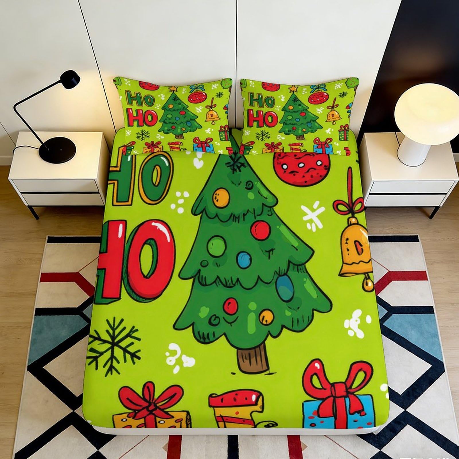 3D Printed Christmas Tree Fitted Sheet Microfiber Soft Decorative Ho Ho Ho Bed Cover for Bedroom Guest Room Dorm 90x200x25cm