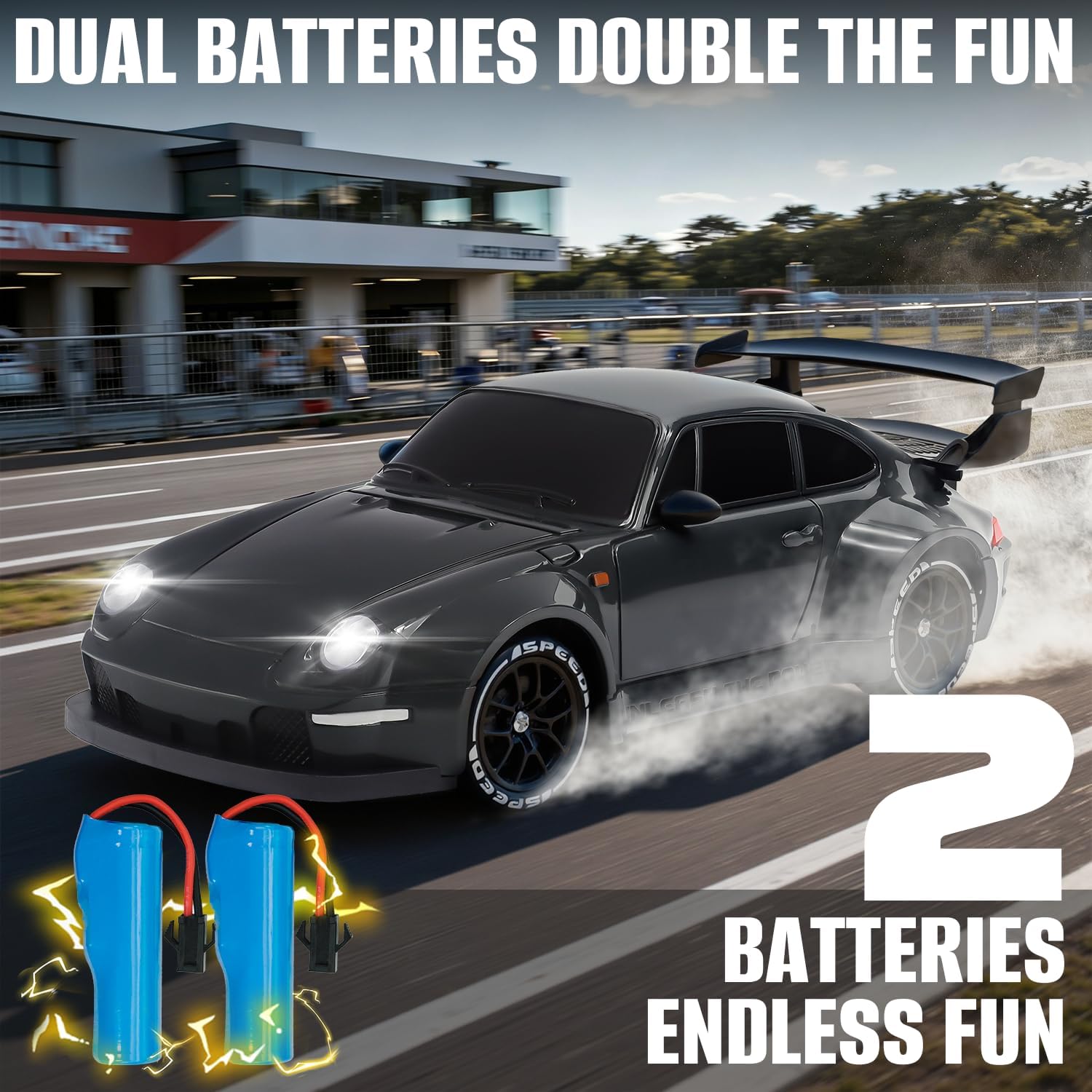 RC Drift Car,1:24 Scale Remote Control Car, 2.4GHz 20KM/H 4WD High Speed RC Cars for Kids with LED Light, Two Batteries,Drifting Tires,Racing Vehicle Toy for Adults Boys Girls Gray