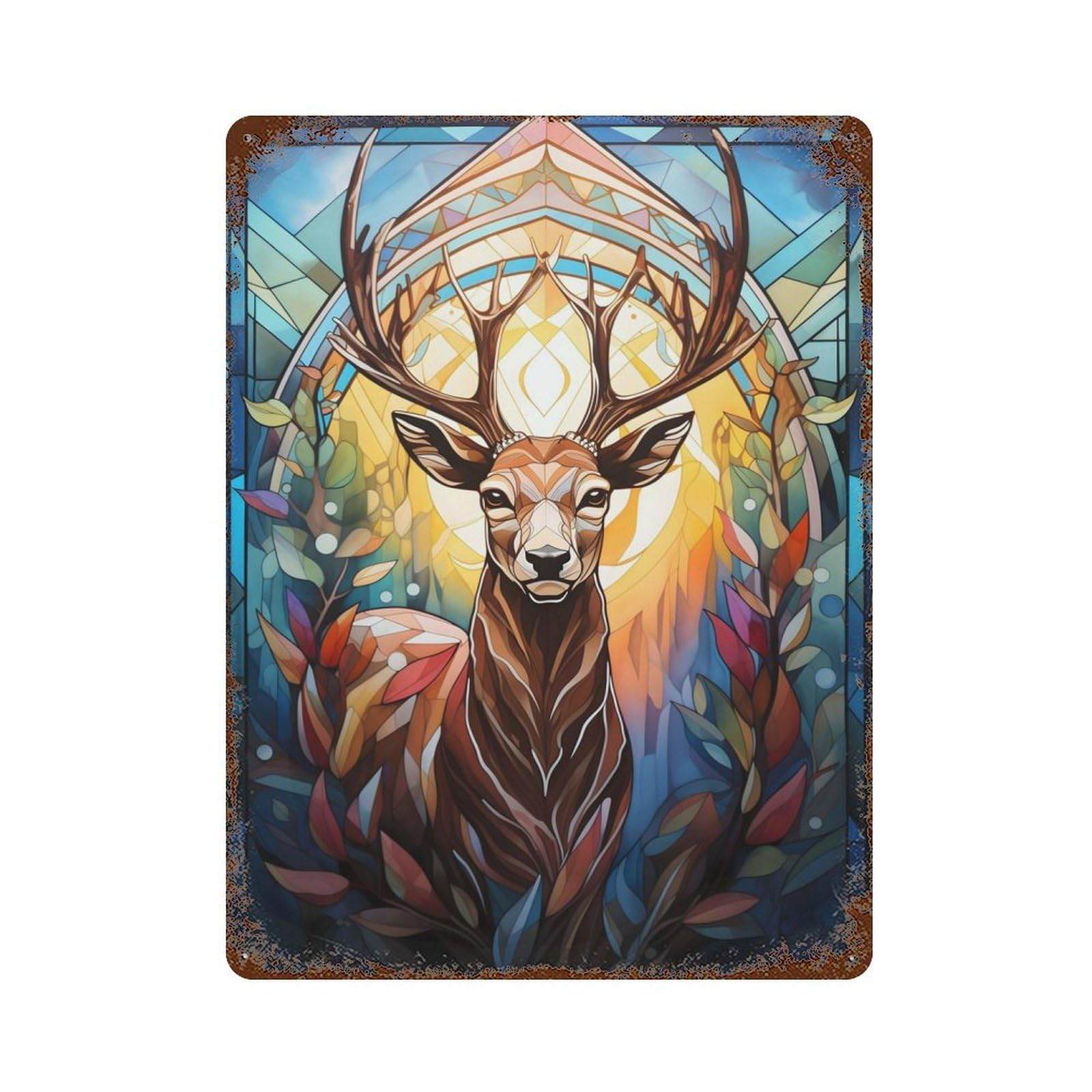 Deer Stained Glass Rusty Metal Tin Sign 15.7"x11.8", Ideal for Farmhouse, Kitchen And Entryway Decor