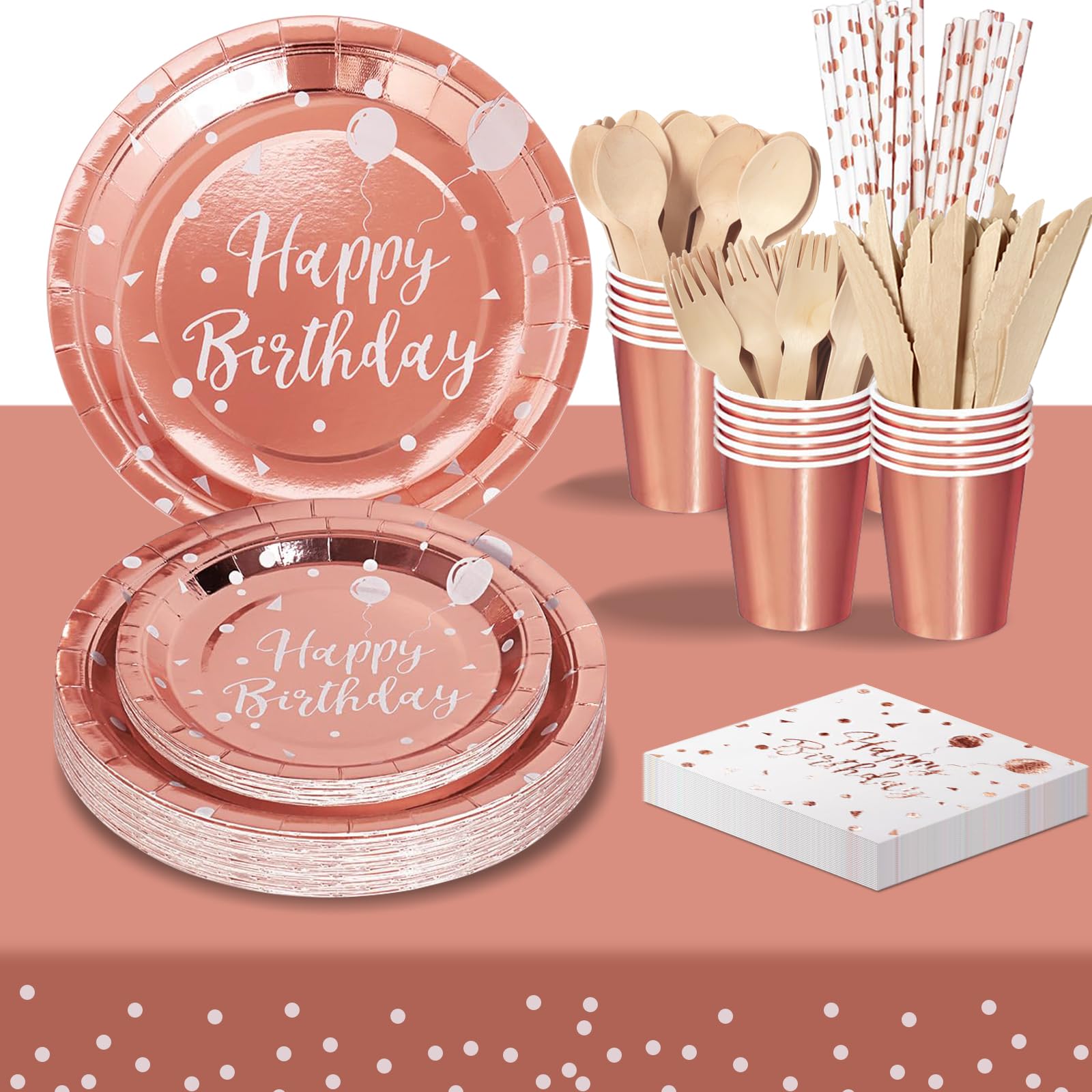 PYAILI Party Paper Plates 193Pcs Rose Gold Happy Birthday Theme Kids Birthday Decoration Party Accessories Set Includes Paper Plates Napkins Cups Wooden Knive Fork Spoon-24 Guests