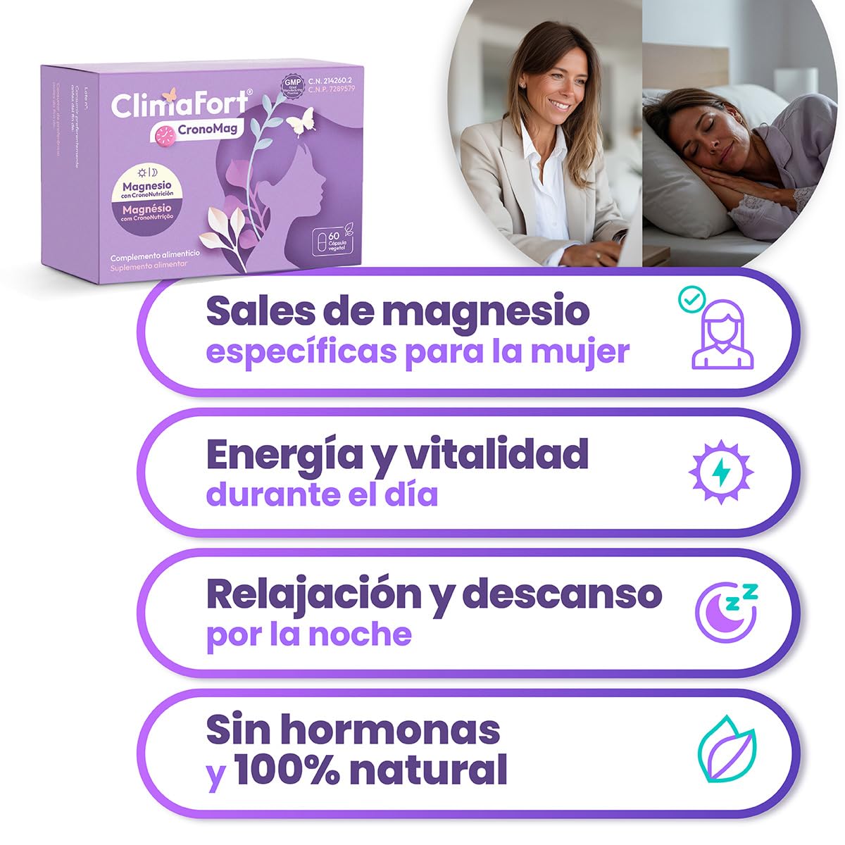 [Pack de 2] ClimaFort CronoMag | Magnesio para la Mujer | 5 Sales Glicinato, Glicerofosfato | Vitamina B12 | Energía, Relajación | Crononutrición | 120 Cápsulas
