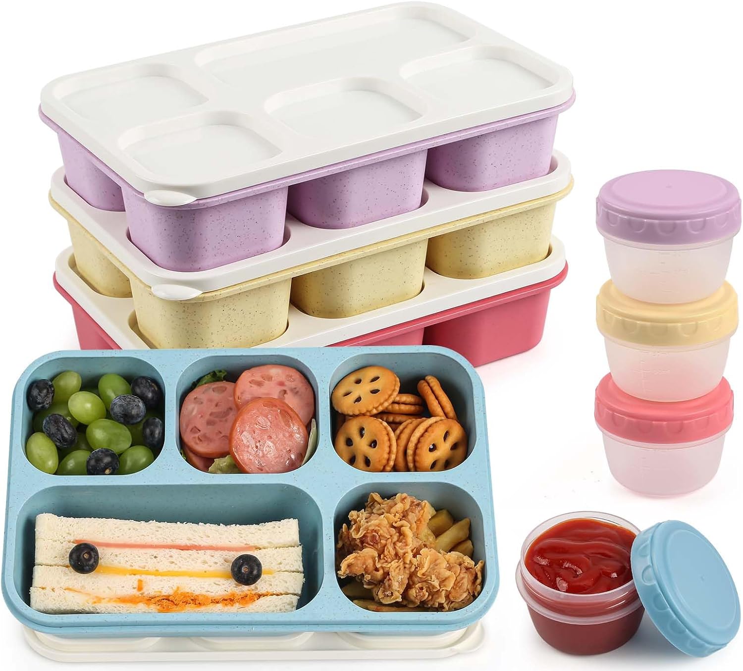 Caperci Large Bento Lunch Boxes for Adults & Kids - 5 Compartment Lunchable Snack Box Containers, Built-in 4 Leak-Proof Dipping Sauce Cups, Reusable Food Storage Containers, 4-Pack (Vintage Colors)