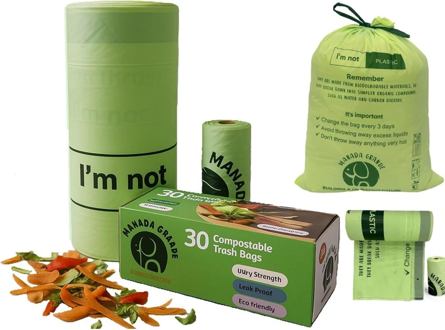 Compostable Trash Bags 13 Gallon (30) + Small 0.8 Gallon (15) – Extra Thick 1.38 Mils, Drawstring, Leak-Proof, Plant-Based – MANADA GRANDE BPI OK Compost Certified