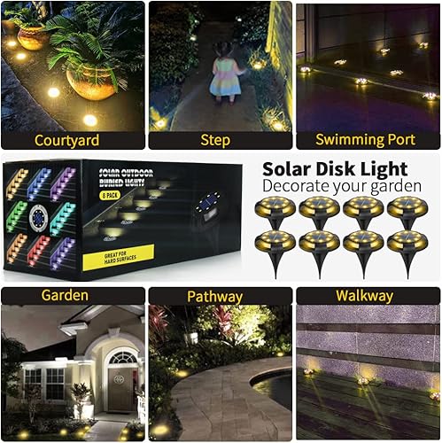 Miniatura 7 de ANKUNABA Luces solares de tierra, paquete de 8 luces LED impermeables de disco para exteriores, iluminación de camino de paisaje para jardín,