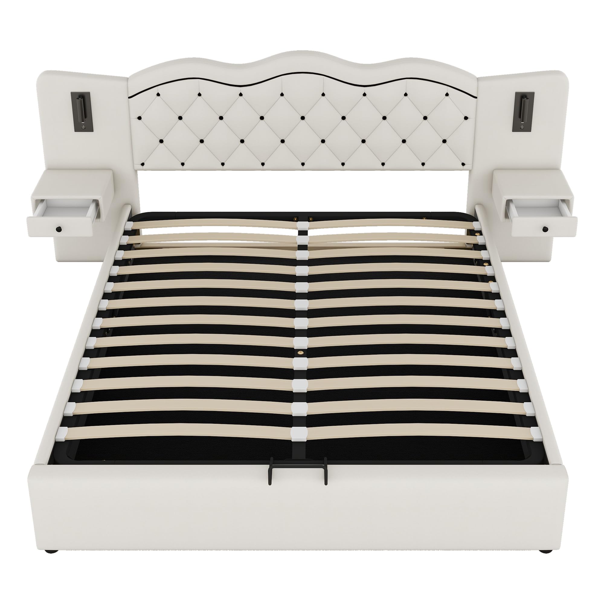 Soweiz Letto imbottito, letto piatto, 180 x 200 cm, testiera integrata, meccanismo di sollevamento idraulico, porta USB, due lampade da comodino, ampio spazio di archiviazione (beige)