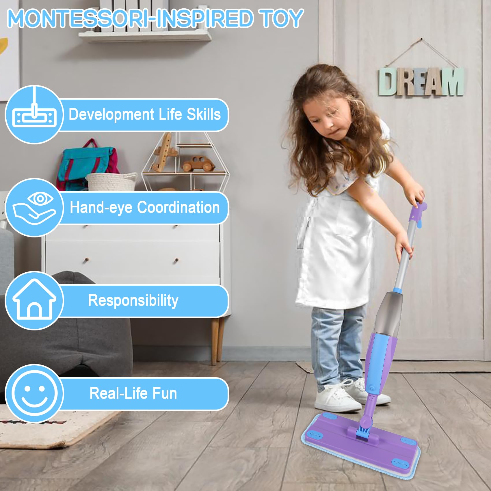 Trapeador con atomizador para niños, juego de limpieza para niños pequeños con rociador de agua y 2 almohadillas lavables para trapeador y raspador, juguetes Montessori de limpieza para juegos de 5