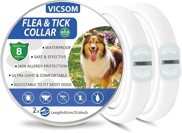 Flea Collar for Dogs, Dog Flea Collars, Flea Treatment for Dogs, 8 Months Protection Dogs Flea Treatment Waterproof Adjustable Flea and Tick Dog Collar for Puppies Small Medium Large Dogs White 2Pcs