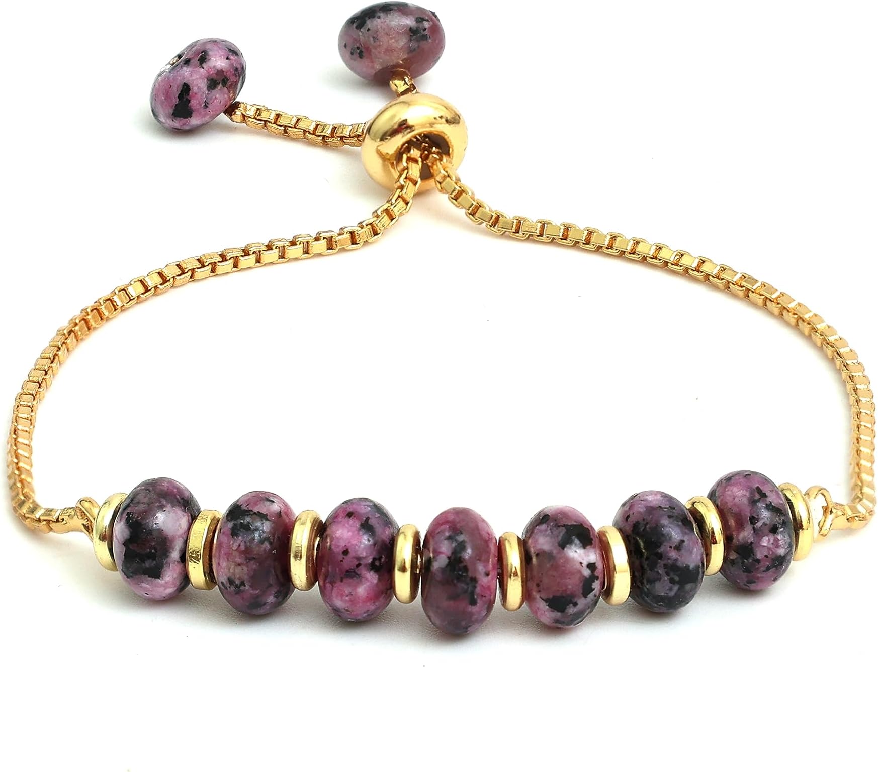 Gempires Rhodonite Beads Bracelet, Bolo Style, 14k Gold Plated 6 to 8 inch Adjustable, Crystal Bracelets, Handmade Bracelet for Women and Girls (Rhodonite)