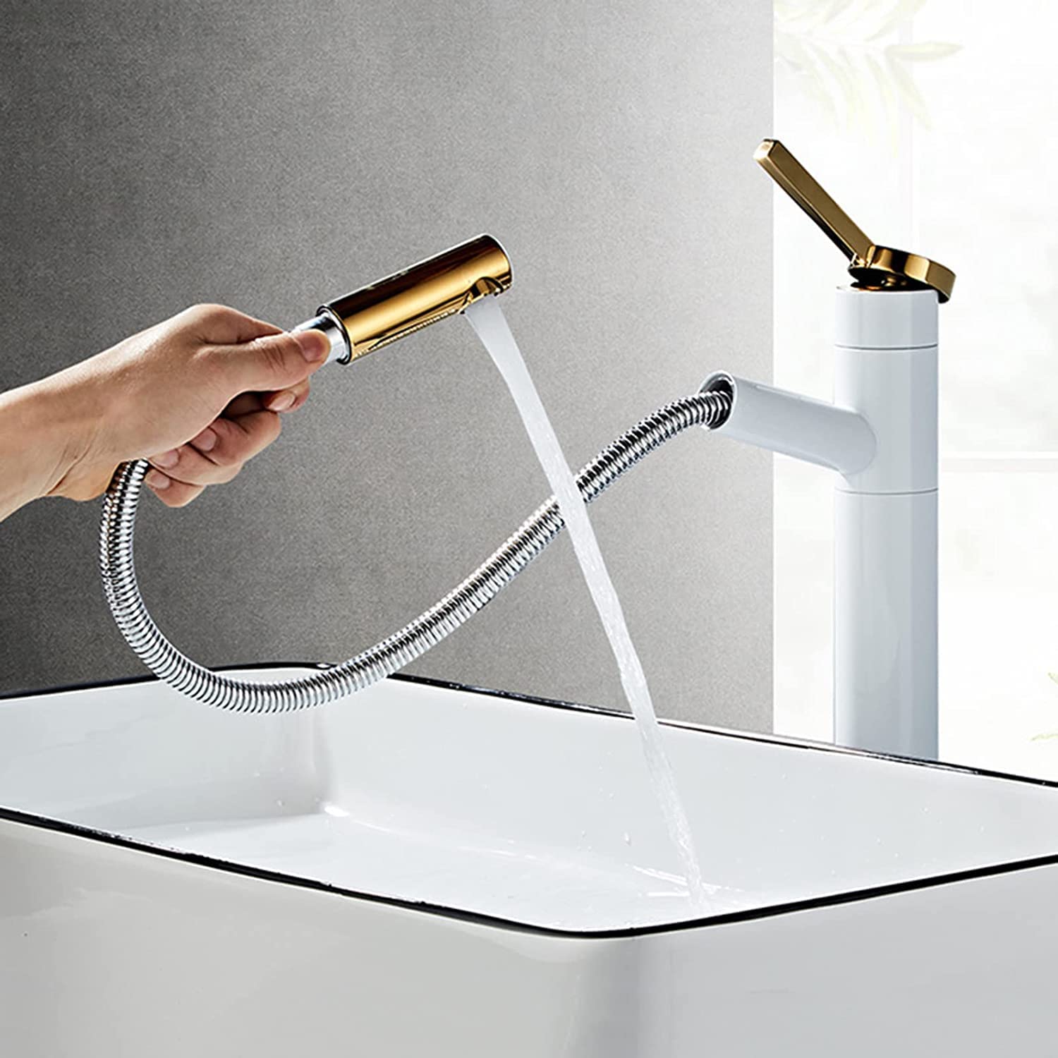 DFGHNBVC Pull Down Bathroom Faucet Single Handle 360° Swivel Mixer Tap Black Chrome High Arc Basin Sink Faucet With Retractable Spray For Modern Bathrooms,Wei? Und Gold-Hoch
