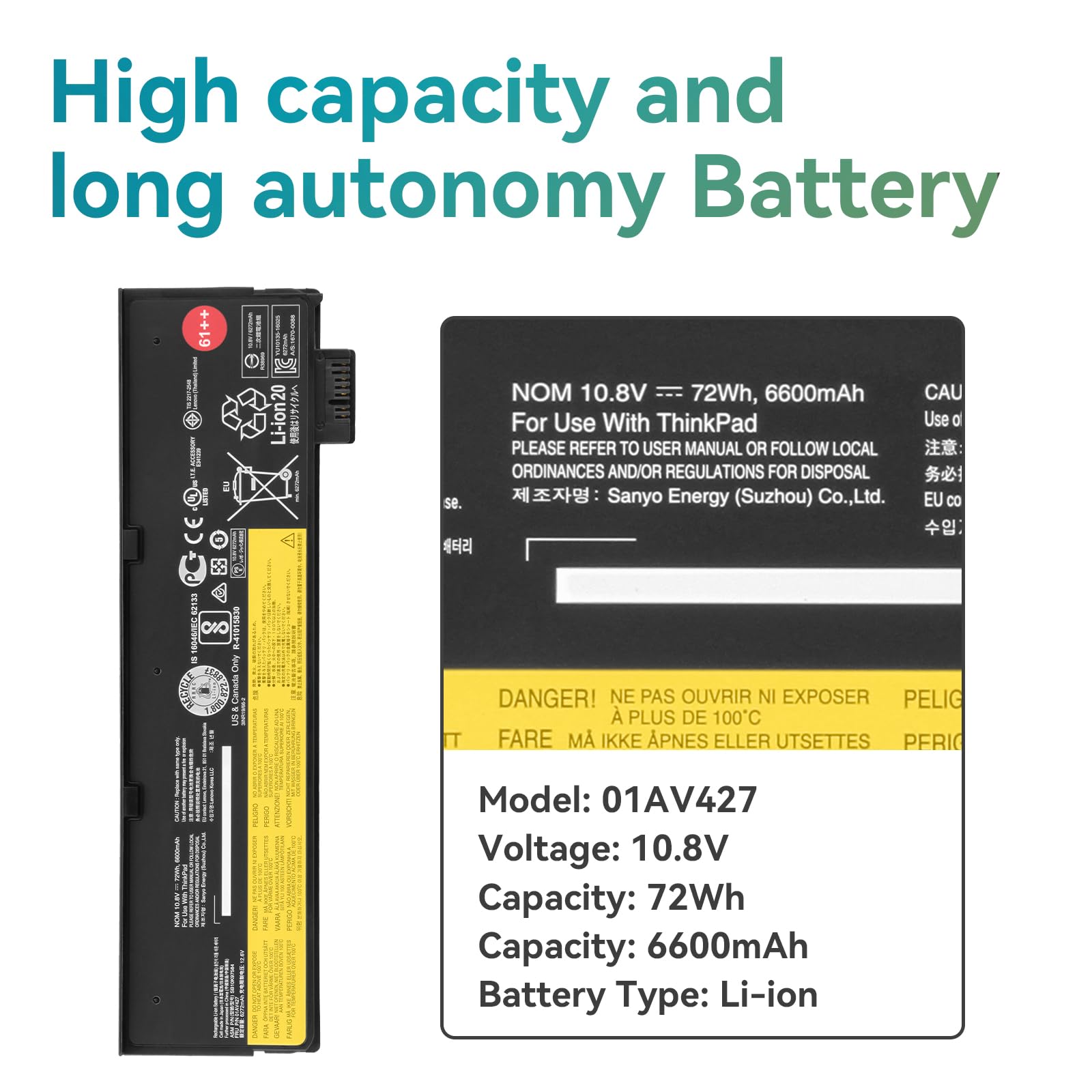 K KYUER 72Wh 61++ Batteria per Lenovo ThinkPad T470 T480 T570 T580 Business Laptop A475 A485 TP25 P51S P52S 01AV492 01AV427 01AV428 01AV423 SB10K97584 SB10K97585 4X50M08811 4X50M08812 4X50M08810
