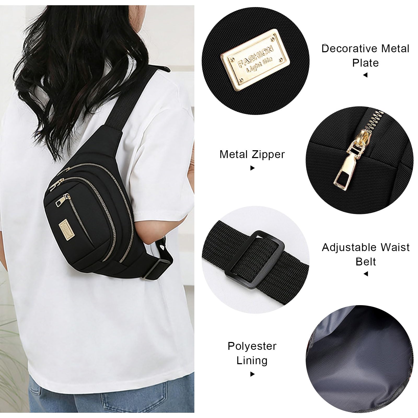 ADUDVLO Bumbags for Ladies Women Men Lightweight Adjustable Bum Bag Fanny Pack with 4 Zipper Pockets,Fashionable Waist Pack for Travel, Running, Hiking, Cycling (Black) — view 2