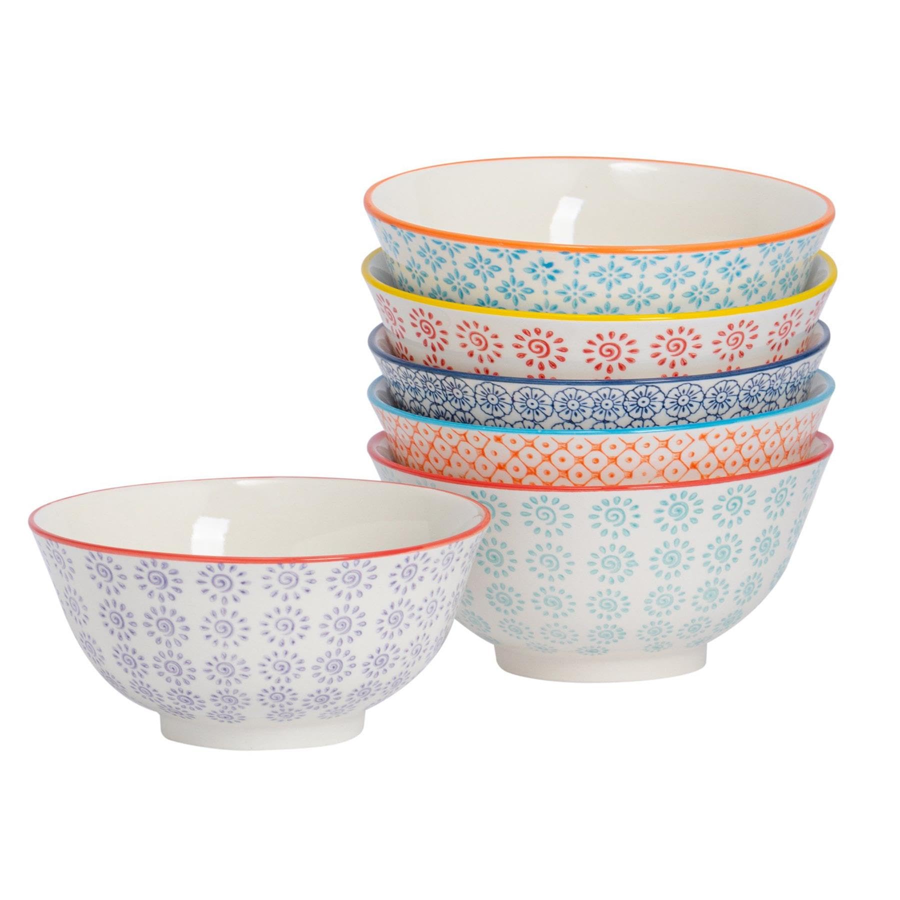 Nicola Spring Bols à Céréales à Motifs - 6 Couleurs - 16 cm - Paquet de 6 - Bols de Service en Porcelaine de Style Japonais Imprimés à la Main pour Dessert, Pâtes, Céréales, Salade, Nouilles, Soupe
