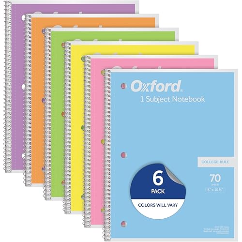 Oxford Spiral Notebook, 1 Subject, College Ruled Paper, 8 x 10-1/2 Inch, Pastel Pink, Orange, Yellow, Green, Blue and Purple, 70 Sheets (63756), Set of 6