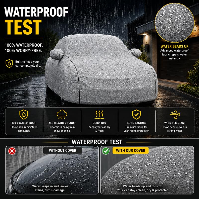 Image of Long-Life 100% Waterproof Elevate Car Body Cover for Dust & Rain, Compatible with All Models of Elevate Car Cover, Comes with Bird Droppings, Scratch, UV and Paint Protection - Silver