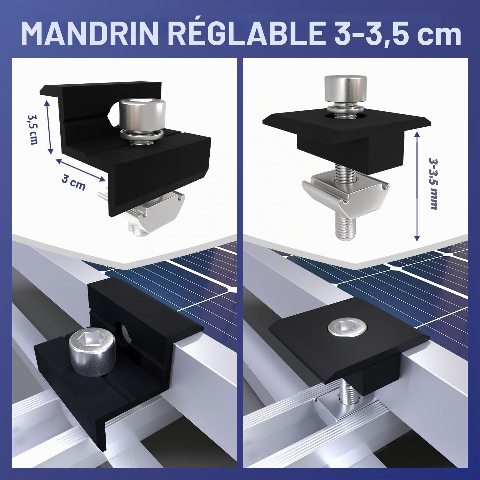 Support de module solaire - Fixation pour panneau solaire - Support de toit plat - Avec rail en aluminium de 12 cm et pince noire réglable de 30 à 35 mm - Pour 4 modules