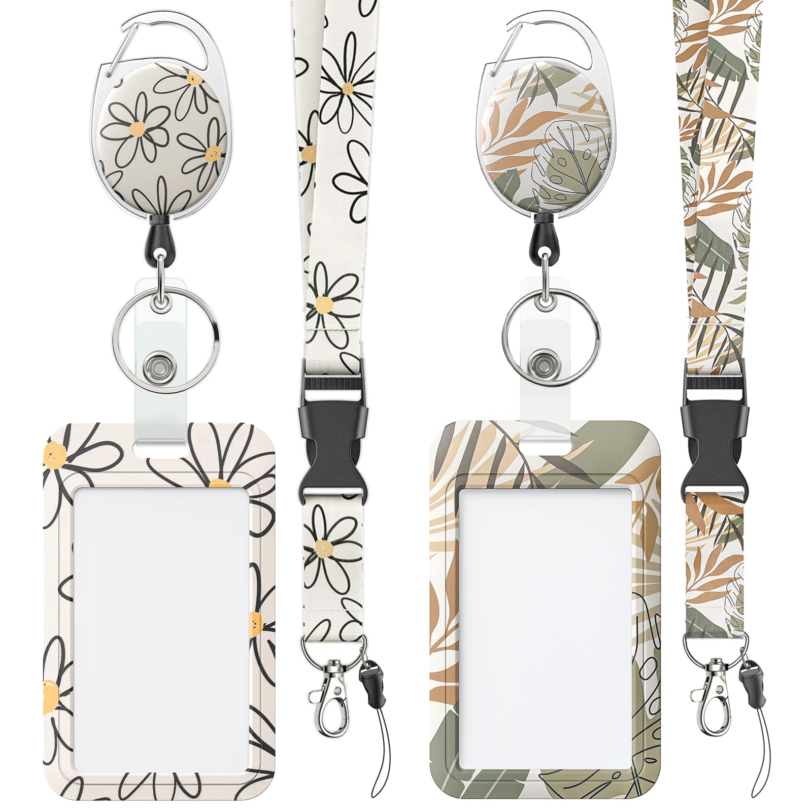 Uniclife 2 Pack Floral Sliding Badge Holder Flower Leaves Plastic Case with Retractable Badge Reel Carabiner Clip and Detachable Lanyard Strap Hard