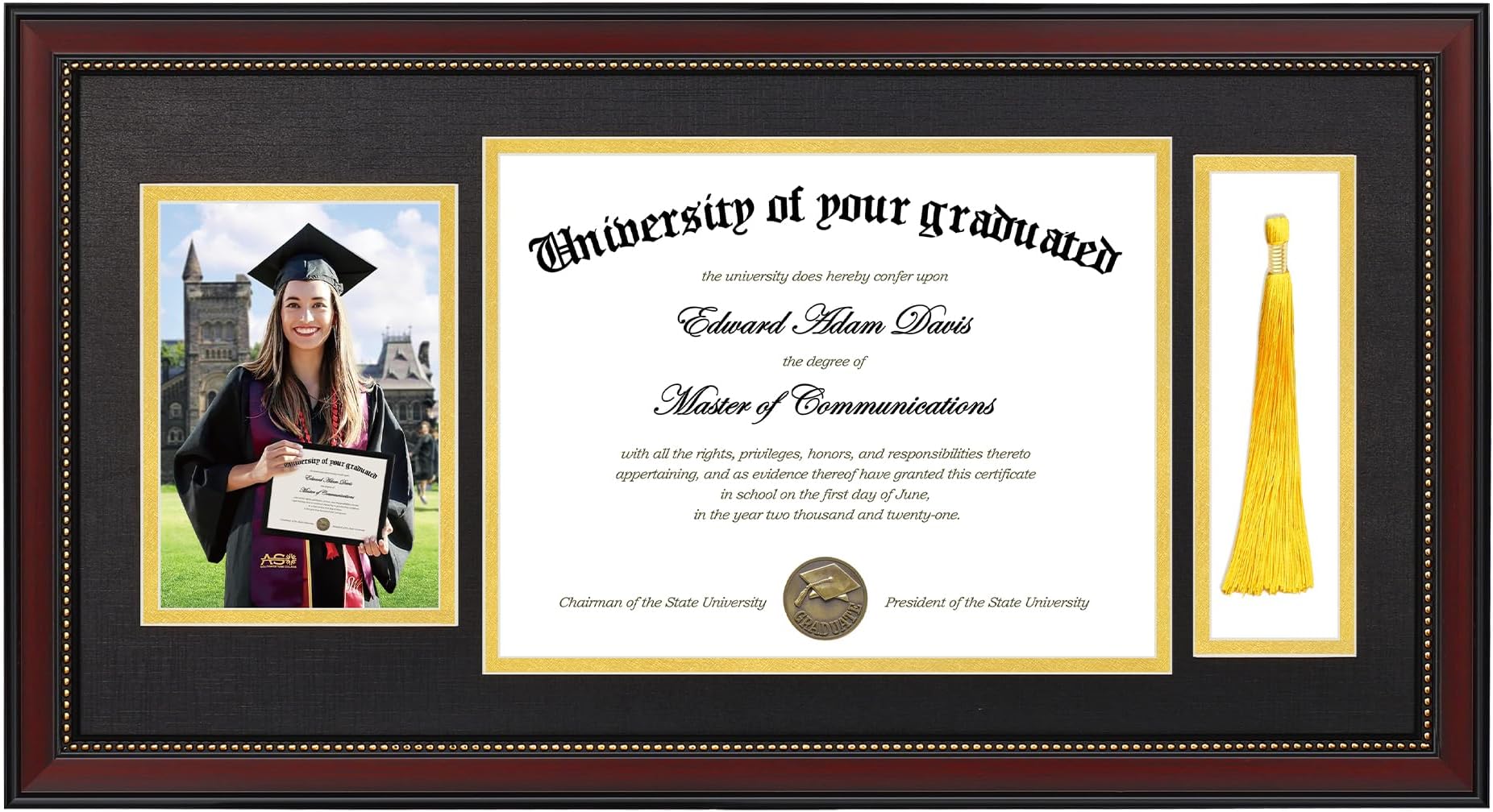 upsimples 11x22 Diploma Frame with Tassel Holder for 8.5x11 Certificate and 5x7 Photo with Black over Gold Mat, High Definition Glass, Mahogany with Gold Beads, 1 Pack