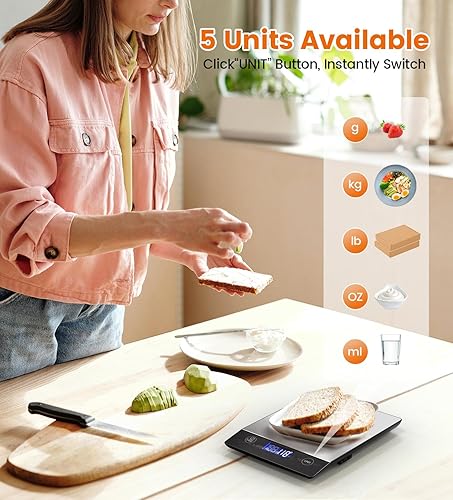 Miniatura 5 de AZC Báscula de alimentos recargable de 250 mAh, 0.1 oz-33 libras, báscula de cocina impermeable de acero inoxidable 304, baterías y básculas de