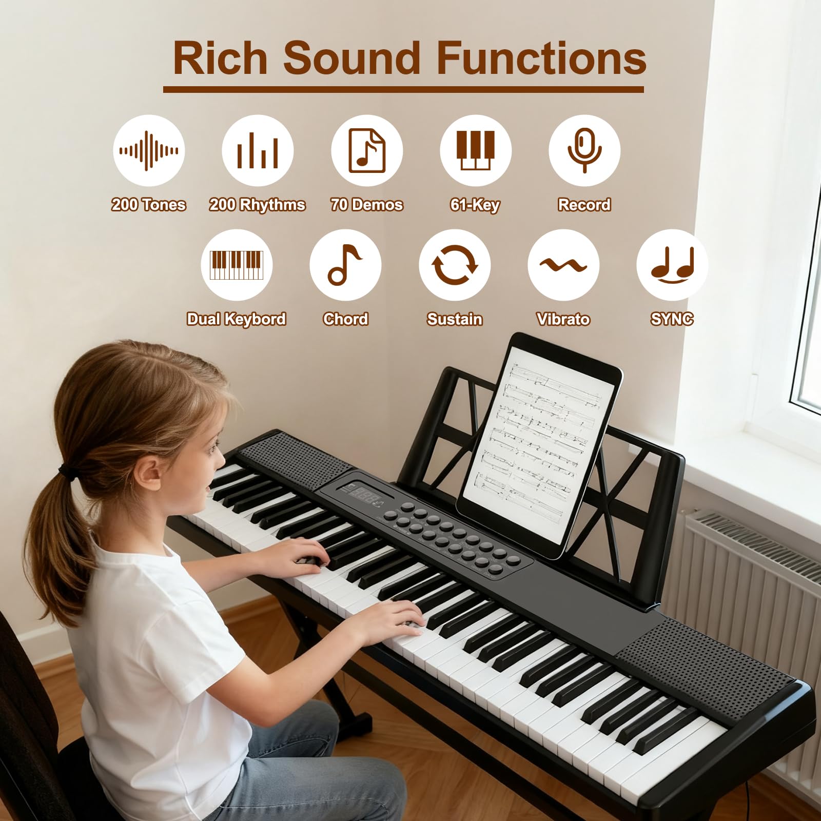 Elektronische Keyboard Piano, Klappbare 61 Tasten Digitale Klavier Mit Netzteil, Notenständer, Aufkleber, Tragetasche, Geschenk für Anfänger
