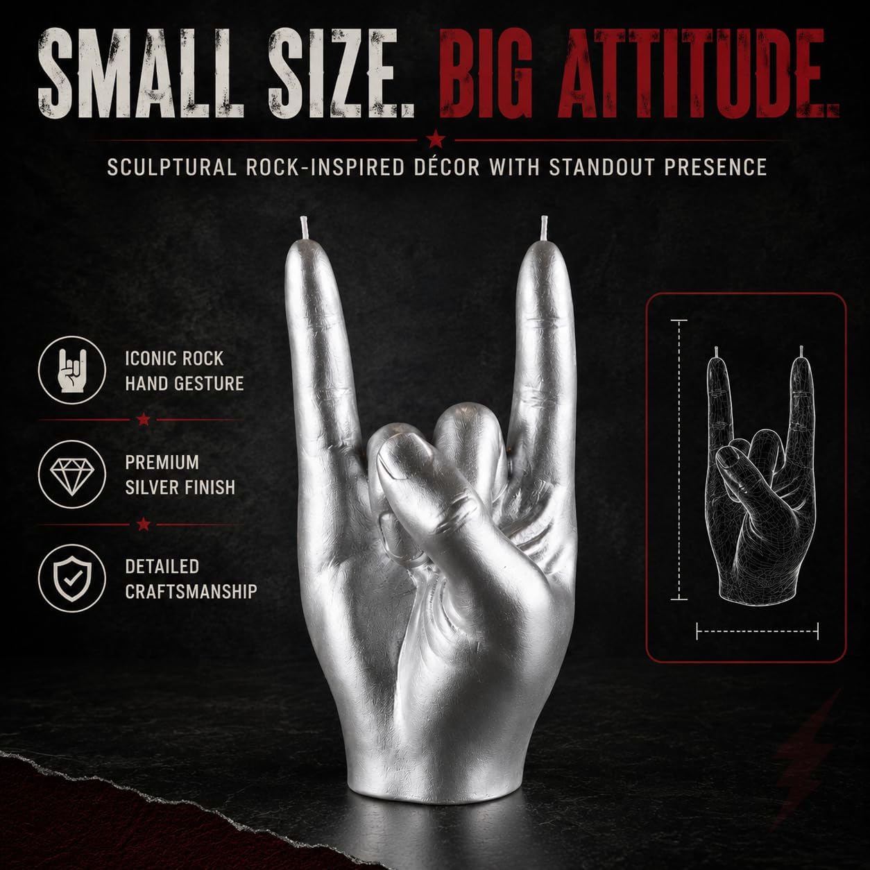 Gute Rock & Roll Hand Candle, Sign of the Horns Hand Gesture Candle, Gift for Music Lovers, Rockers, Bikers, Rock Lovers - 15x10cm (Silver)