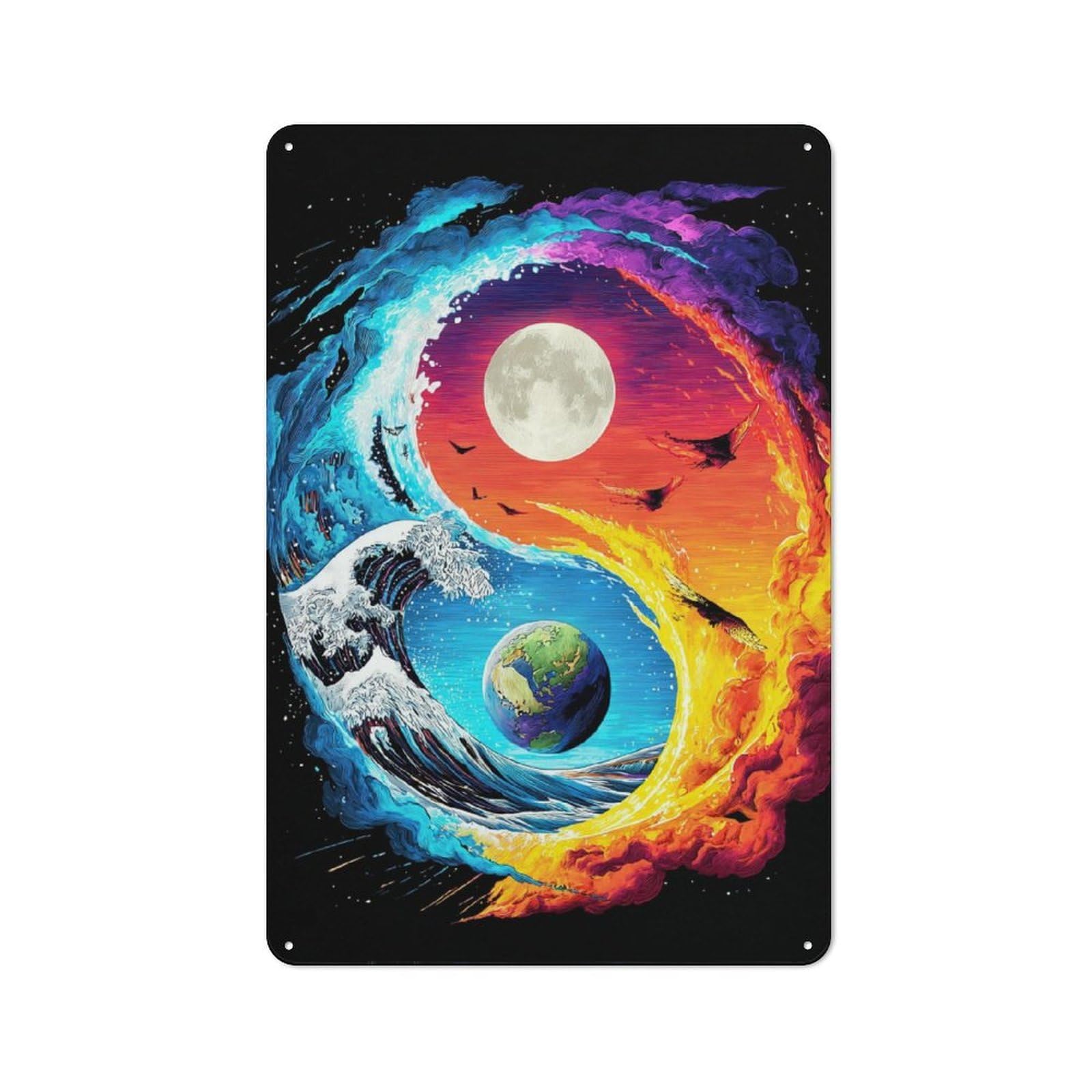 Junmoney Yin-Yang Harmony Earth, Moon, Waves Tin Wall Plaque 30X20cm With For Café Or Restaurant, Suited To Restaurant Decor Fans