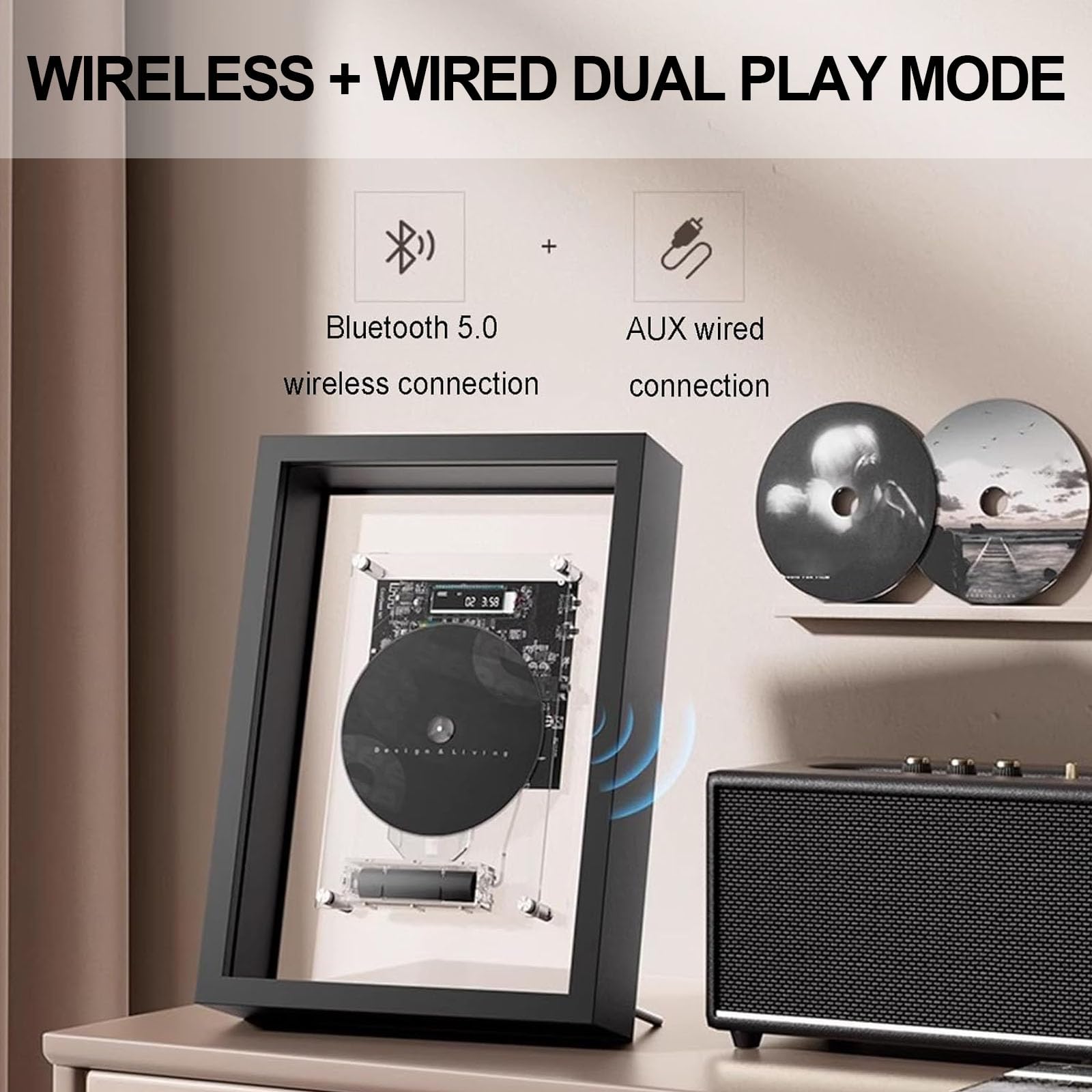 Montabile a parete lettore CD cornice fotografica decorativa, Bluetooth 5.0, uscita AUX, telecomando, perfetto per casa, ufficio e corridoio, cornice musicale