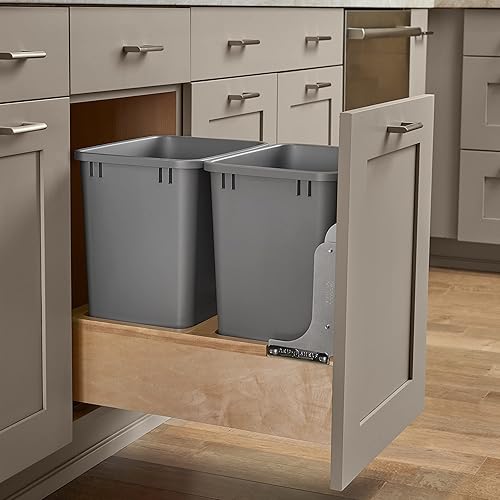 Miniatura 5 de Rev-A-Shelf Botes de basura dobles de 35 cuartos de galón para debajo del gabinete con sistema de deslizamiento suave de apertura y cierre, plata