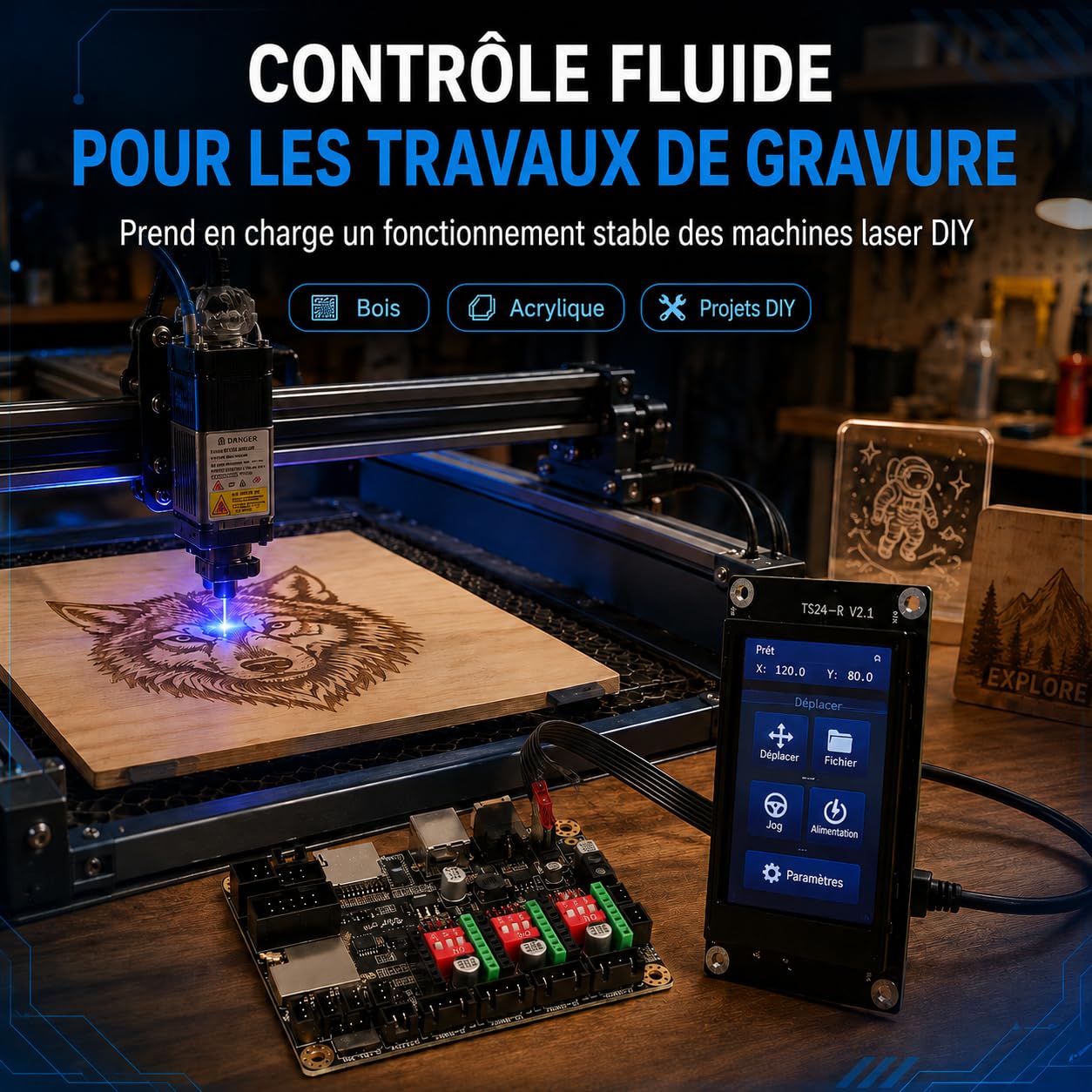 Carte Mère De Machine De Gravure, Carte de Contrôle D'imprimante 3D 12-24V DC MKS DLC32 V2.1 Contrôle Hors Ligne WiFi 32 Bits avec écran Tactile TS24-R V2.1 De 2,4 Pouces