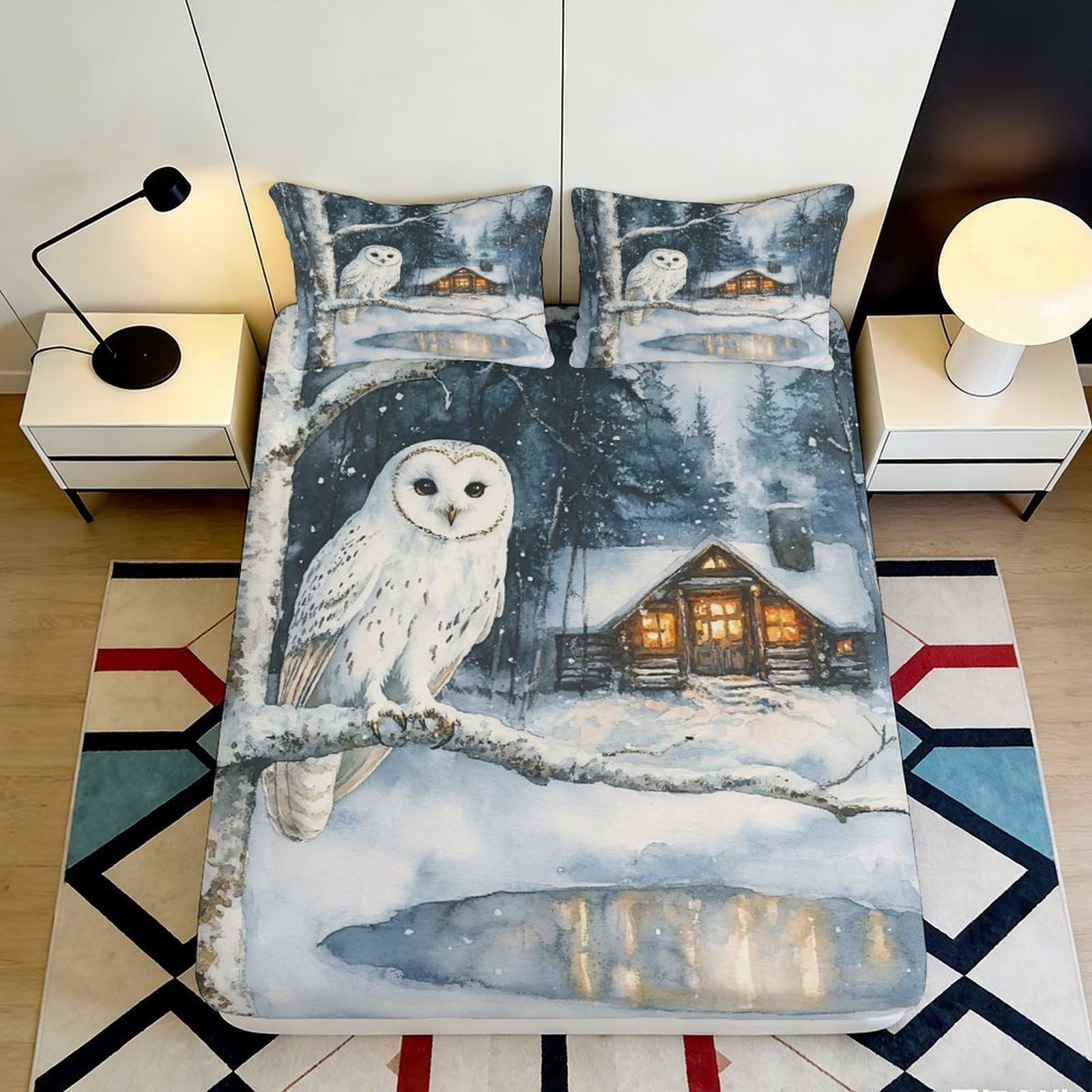 Jqzkxnhpbr Style-3 3D Printed Snowy Owl Fitted Sheet Microfiber Soft Winter Forest Bed Cover For Bedroom Guest Room Mattress Decor 90X200x25cm