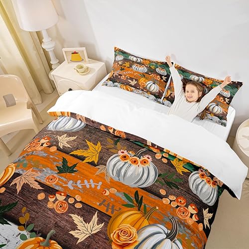 Miniatura 3 de Juego de funda de edredón para niños con diseño de calabaza otoñal, tamaño King, juego de ropa de cama rústica con tablones de madera, decoración de