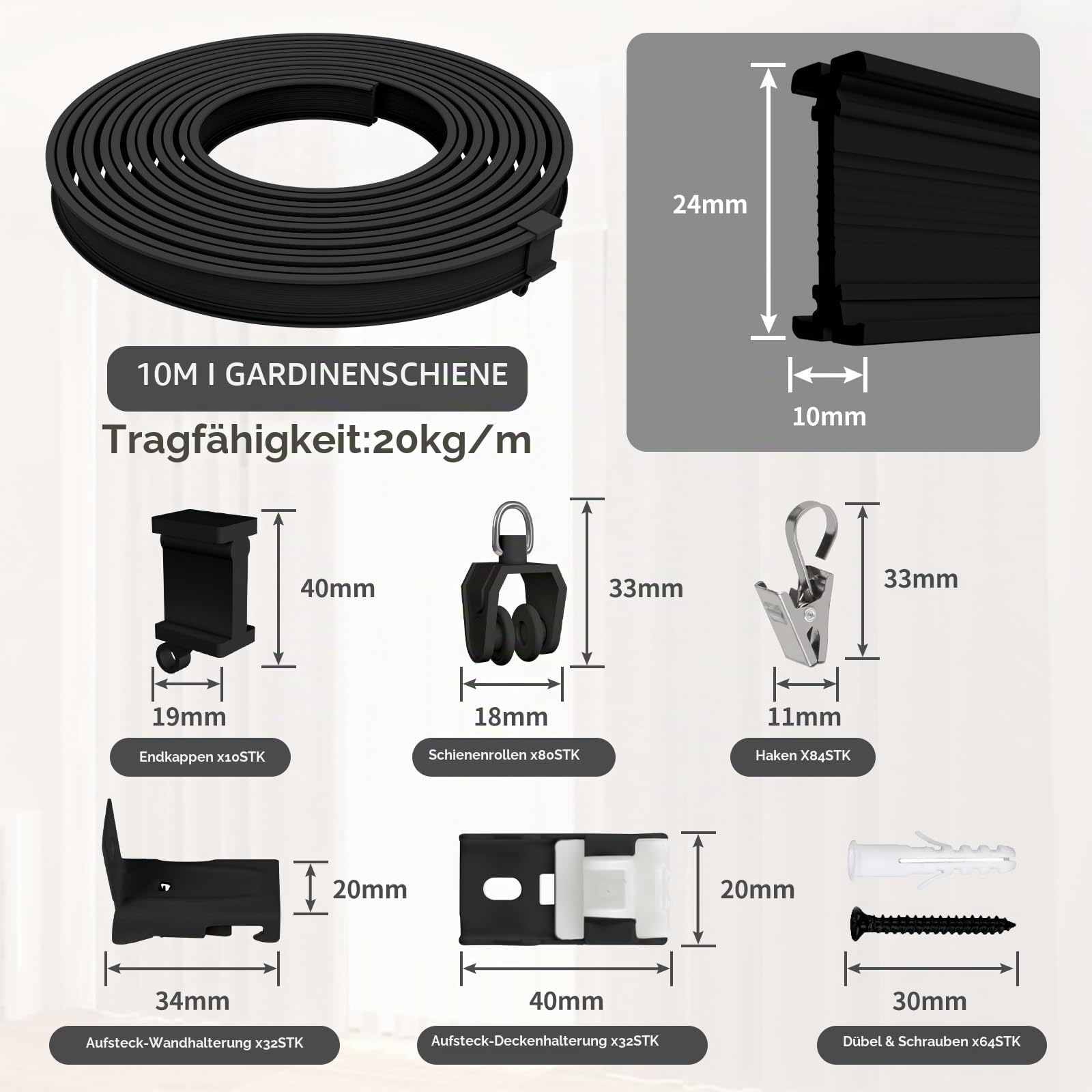 EFUTURETIME Flexible Vorhangschiene 10m Gardinenschiene 1-Läufig Schwarz | Wandmontage und Deckenmontage, aus ABS, für Gardinenaufhängung, Raumteiler, Wohnmobil, Balkone, Büros und Hotels