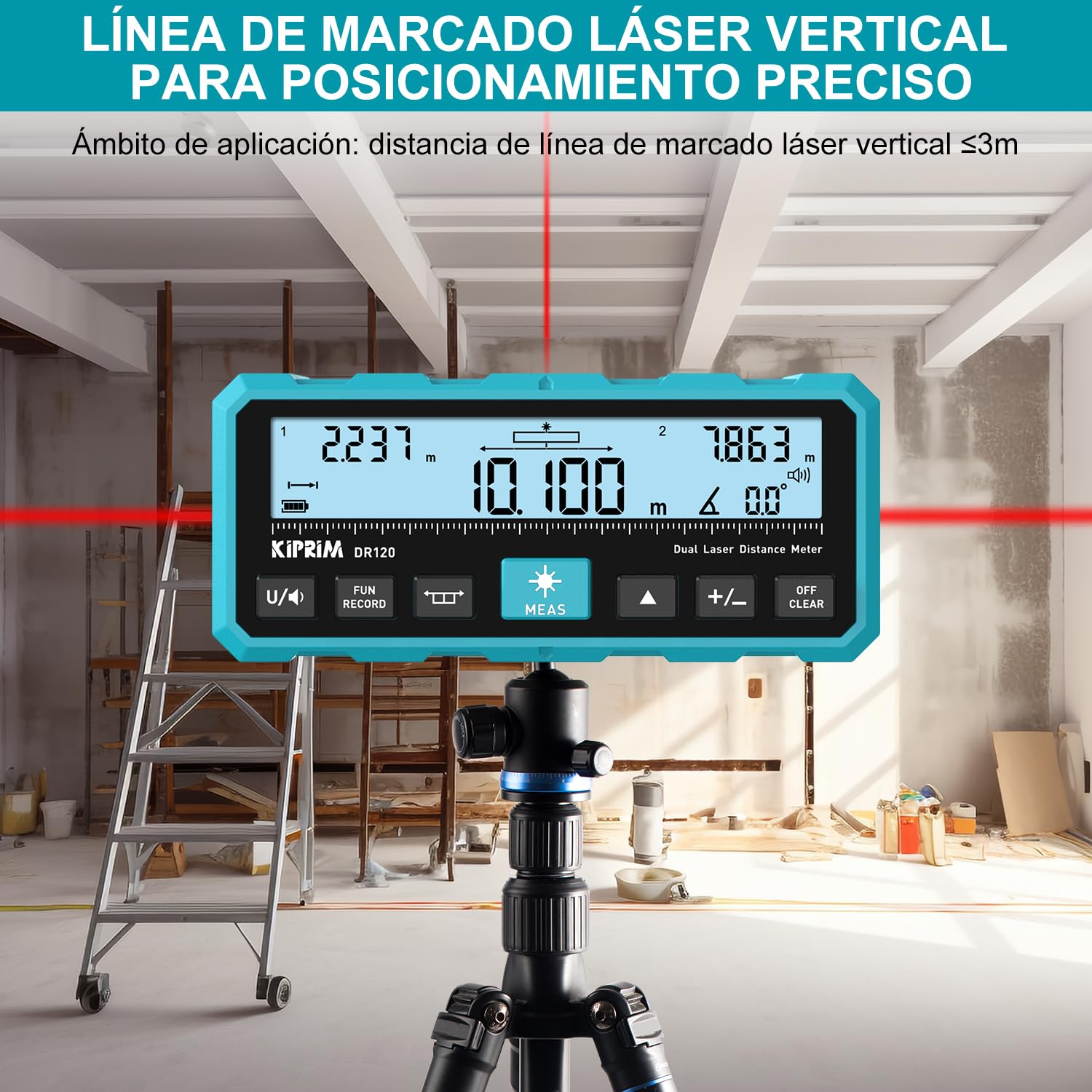 KIPRIM Metro Laser 120m, Telémetro Láser con Doble Haz Bidireccional, Línea Láser Vertical y Nivel Electrónico, Medición en Metros/Pies/Pulgadas, USB-C - DR120