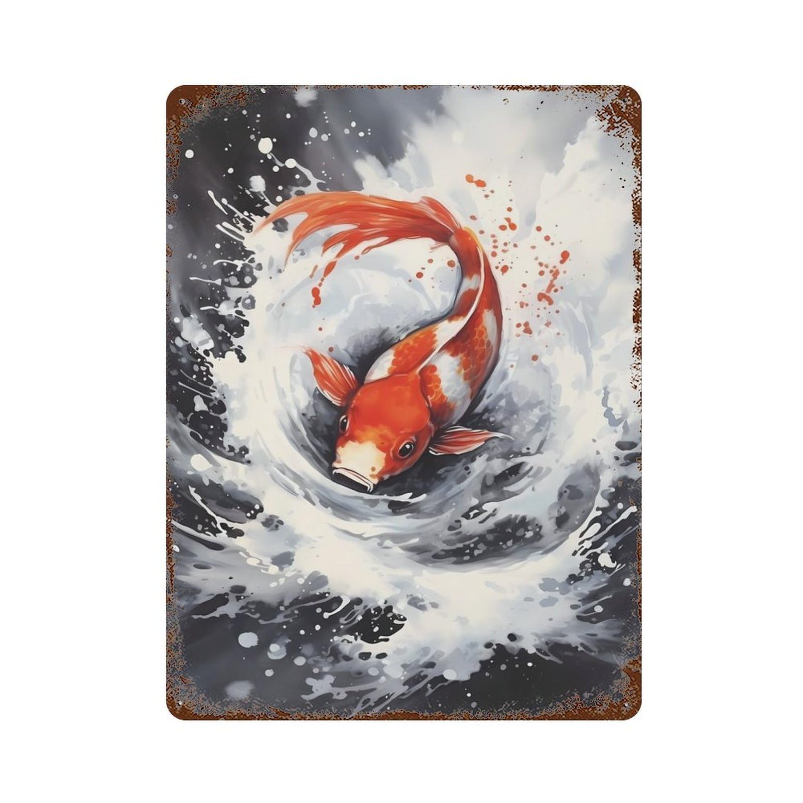 Koi Watercolor Fish Aged Metal Wall Plaque 15.7"x11.8", Ideal for Garage, Bar And Workshop Decor