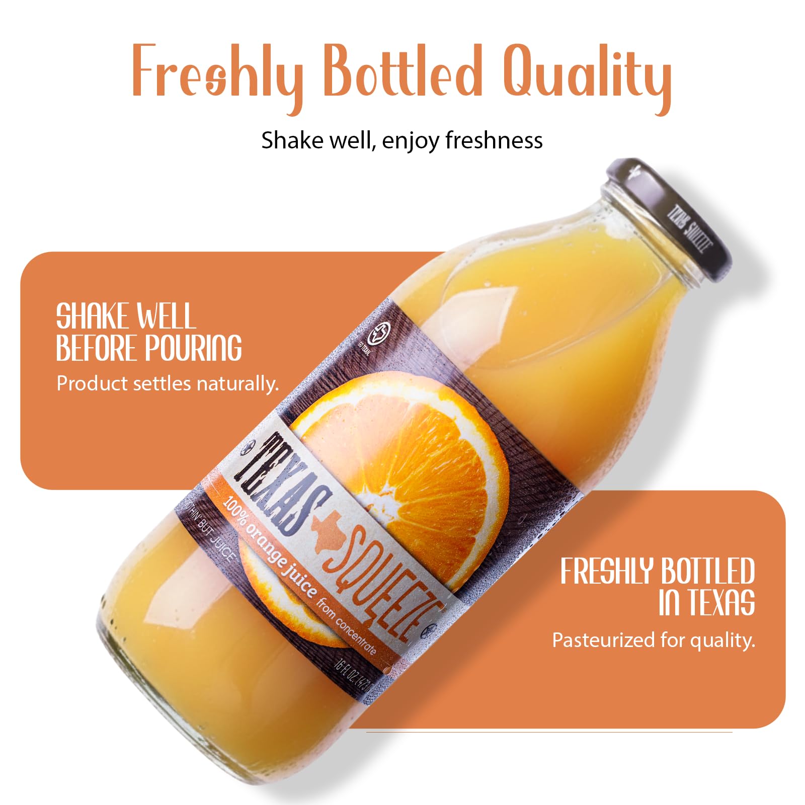 Texas Squeeze Orange Juice, NON GMO Verified, Texas Grown and Bottled, Orange Juice from Concentrate, No Sugar Added, No Preservatives, 16 fl oz, Pack of 12