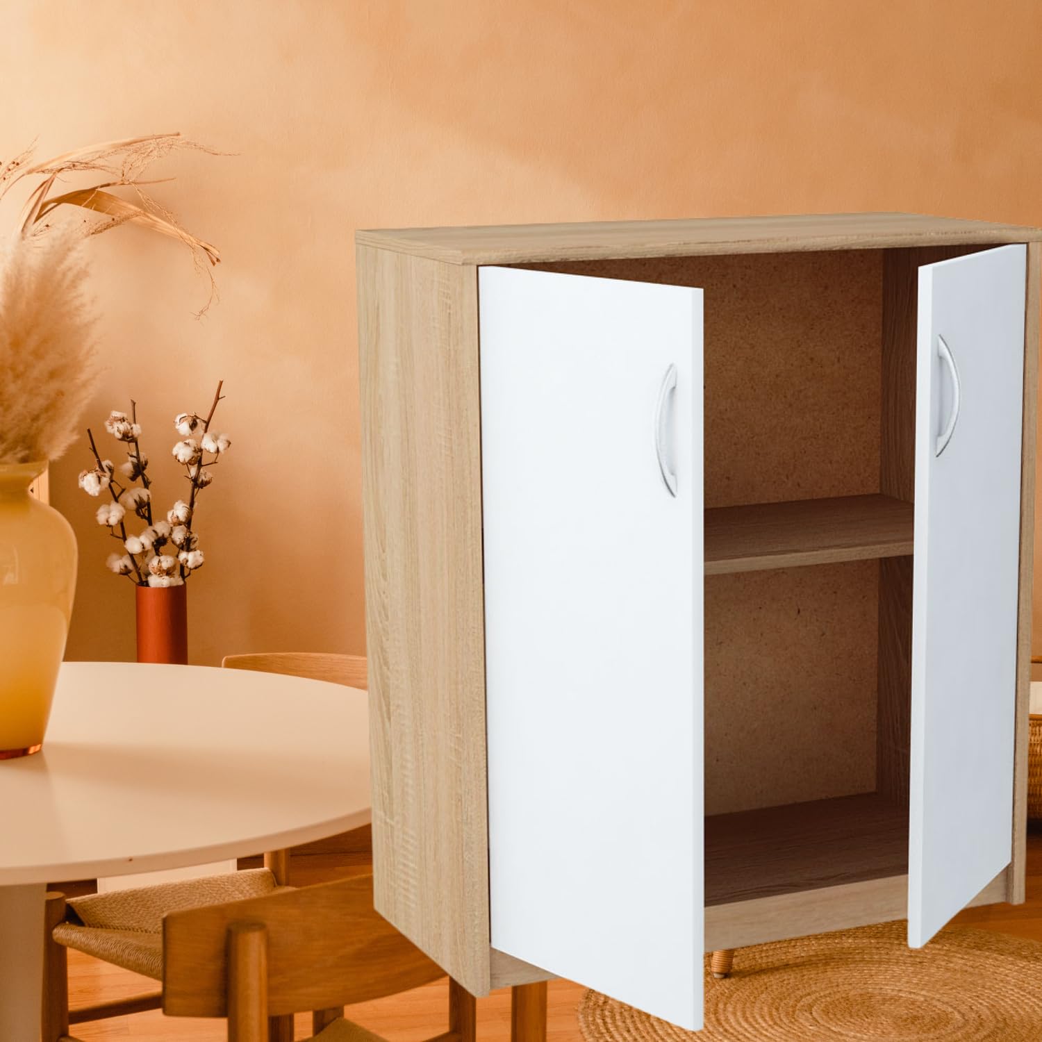 Meblando uniwersalna szafa 74 x 35 x 85 cm, szafa na ubrania biała i dąb, wielofunkcyjna szafa na akta lub meble do korytarza, komoda – 74 cm szerokości, wysoka jakość