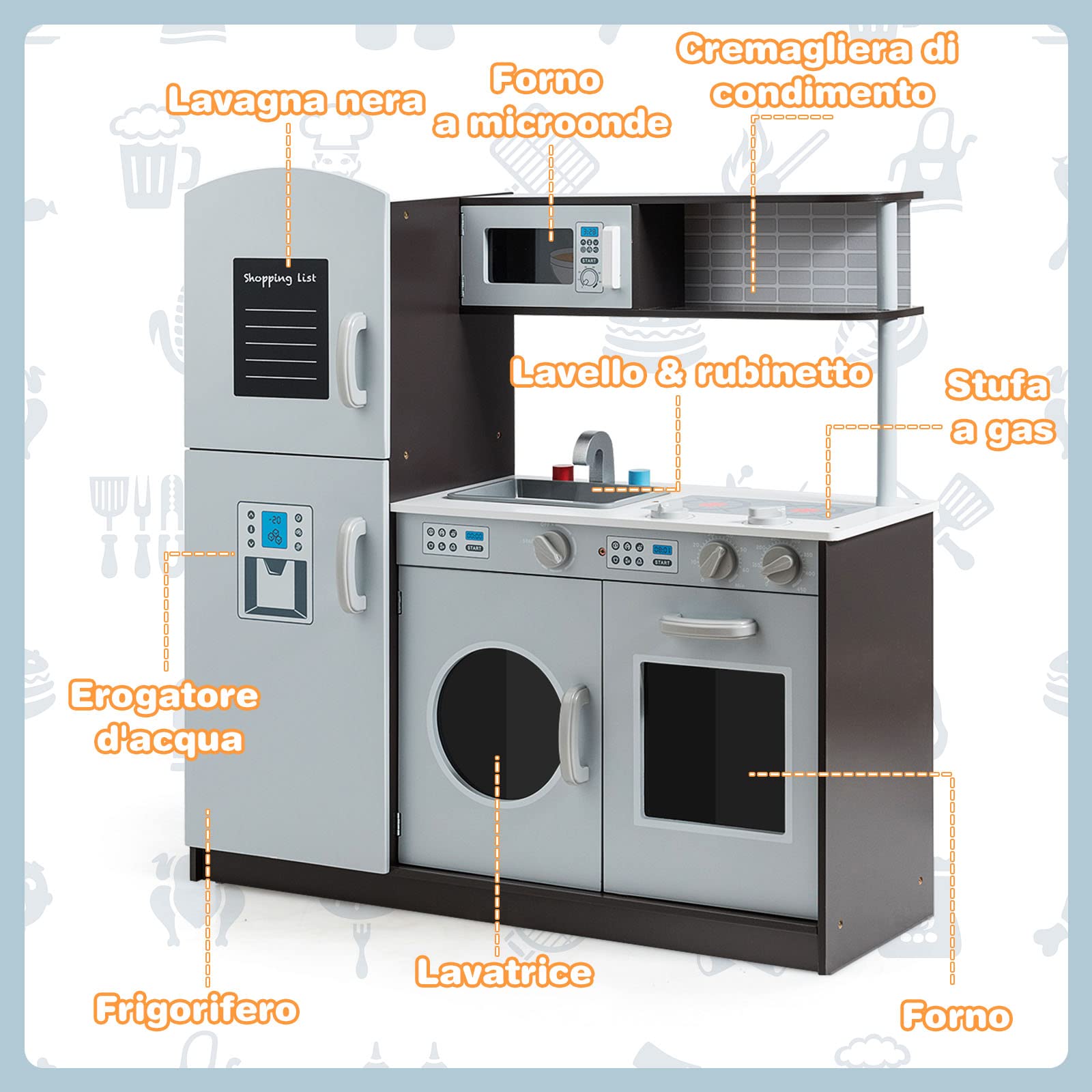 COSTWAY Cucina Giocattolo per Bambini con Frigorifero, Distributore d'acqua, Lavatrice, Forno, Microonde, Lavello e Rubinetto, Funzione Luci e Suoni, 3+ Anni
