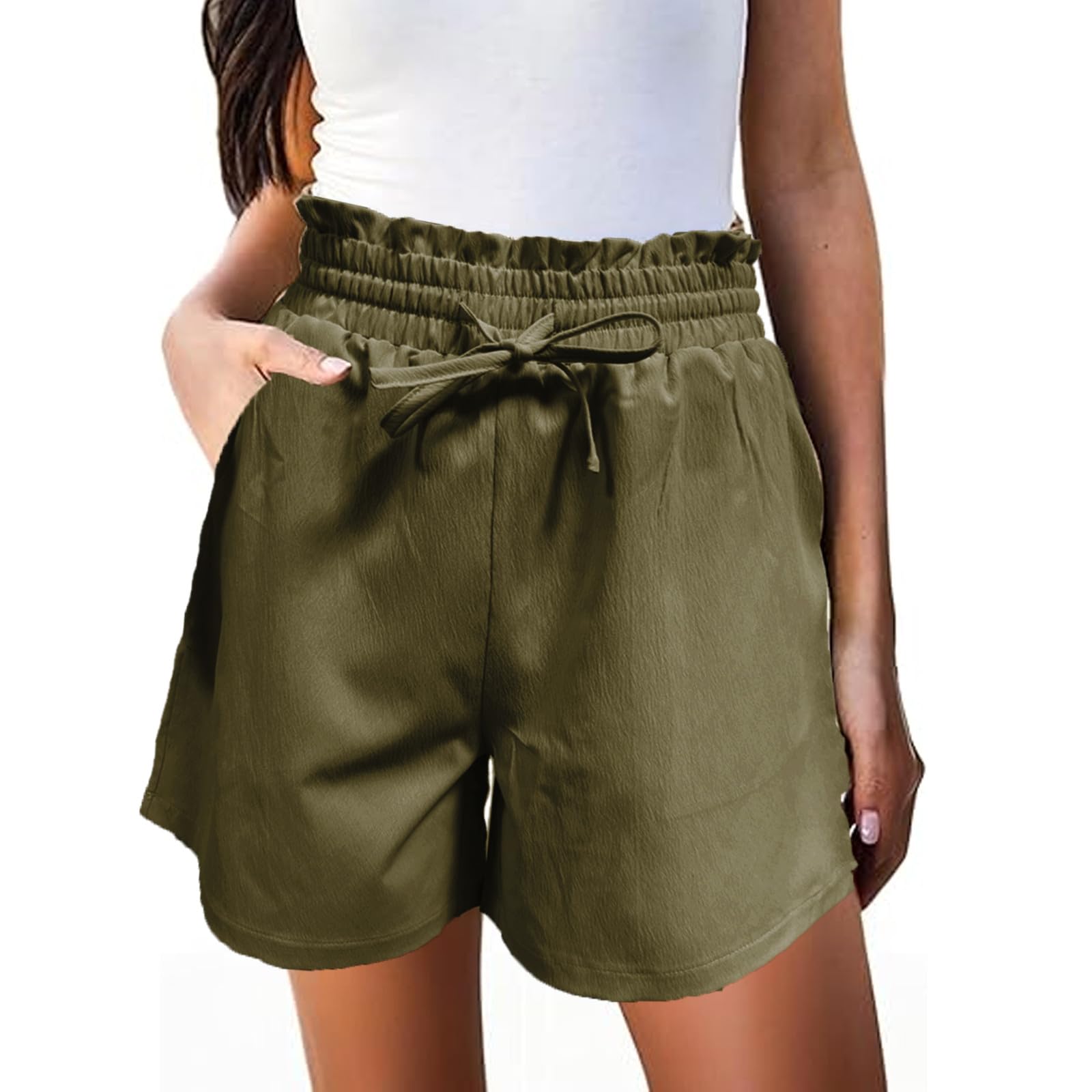 Women's Summer Shorts Casual Comfortable Lightweight High Waisted Beach Vacation Flowy Elastic Waist Mini (Green, L)